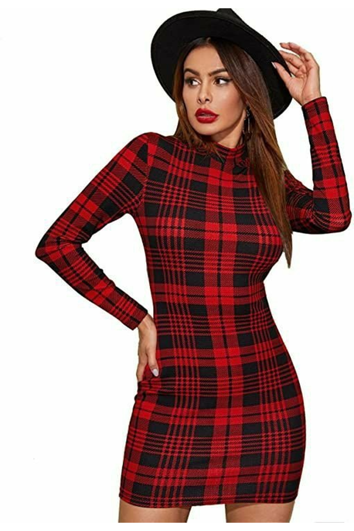 Kadın Uzun Kollu Yarım Balıkçı Yaka Ekose Desen Mini Dalgıç Elbise