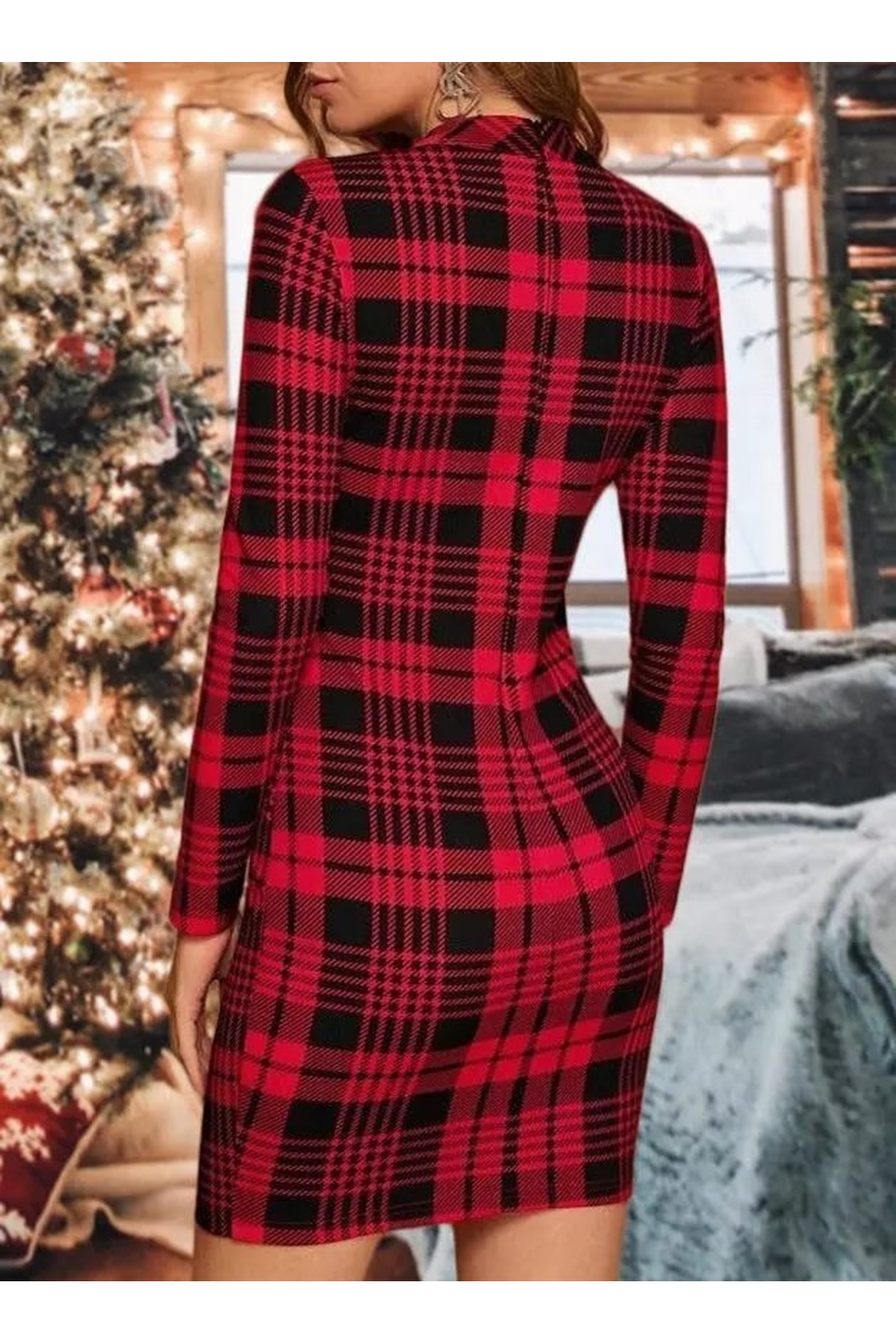 Kadın Uzun Kollu Yarım Balıkçı Yaka Ekose Desen Mini Dalgıç Elbise