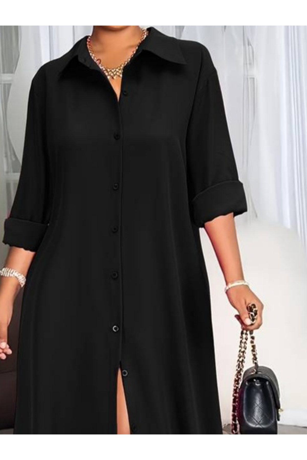 Kadın Uzun Kollu Yakalı önden Düğmeli Uzun Dokuma Elbise