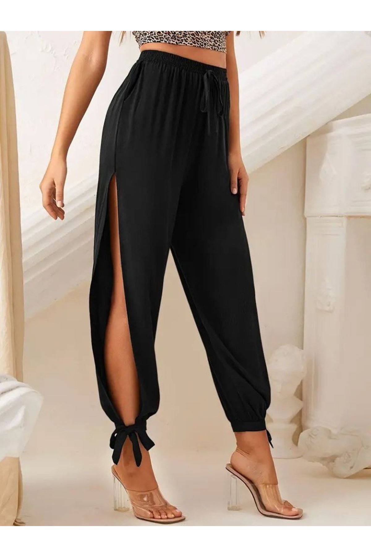 Kadın Beli Lastikli Bağcıklı Yanları Yırtmaç Detaylı Bilekten Bağcıklı Viskon Pantolon