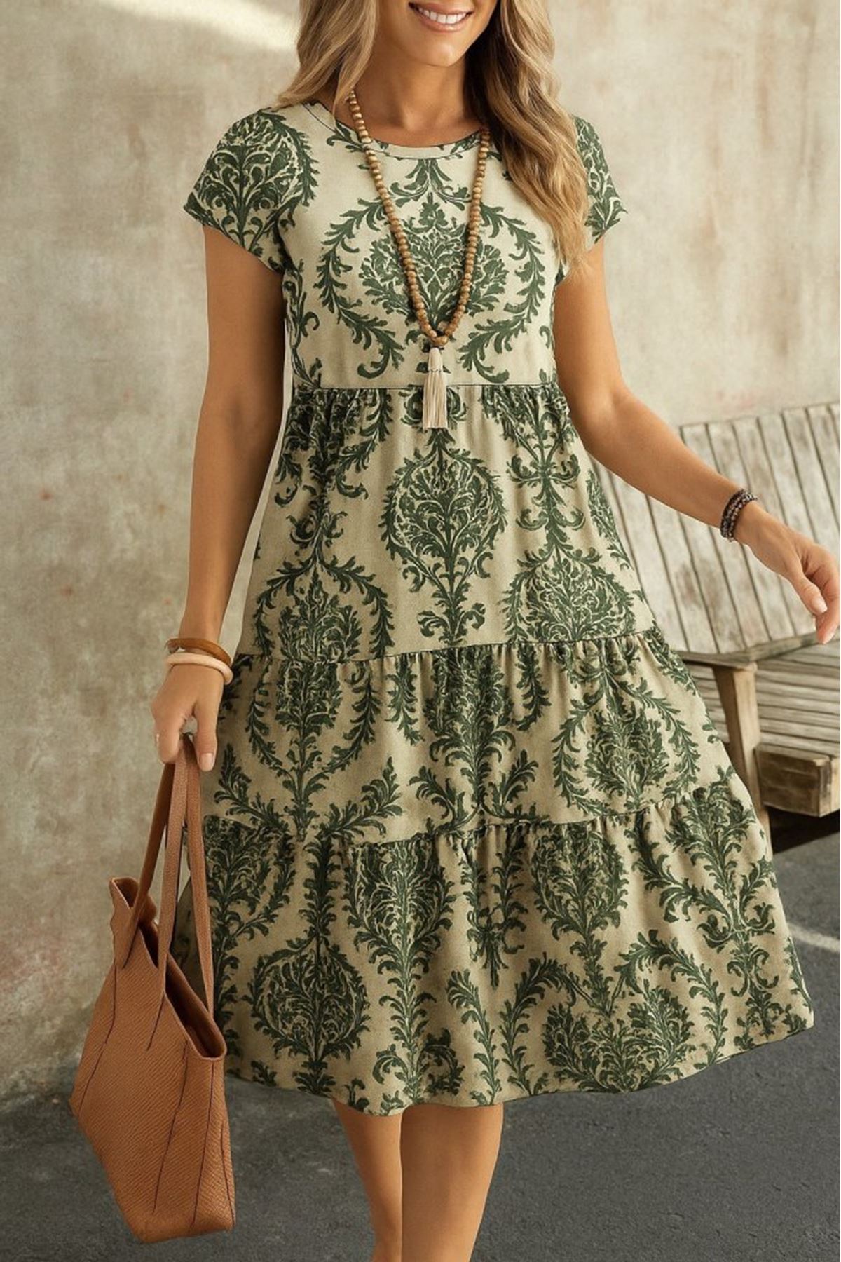 Kadın Kısa Kollu Bisiklet Yaka Desenli Fırfırlı Süprem Elbise