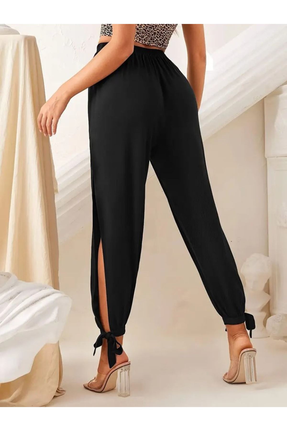 Kadın Beli Lastikli Bağcıklı Yanları Yırtmaç Detaylı Bilekten Bağcıklı Viskon Pantolon