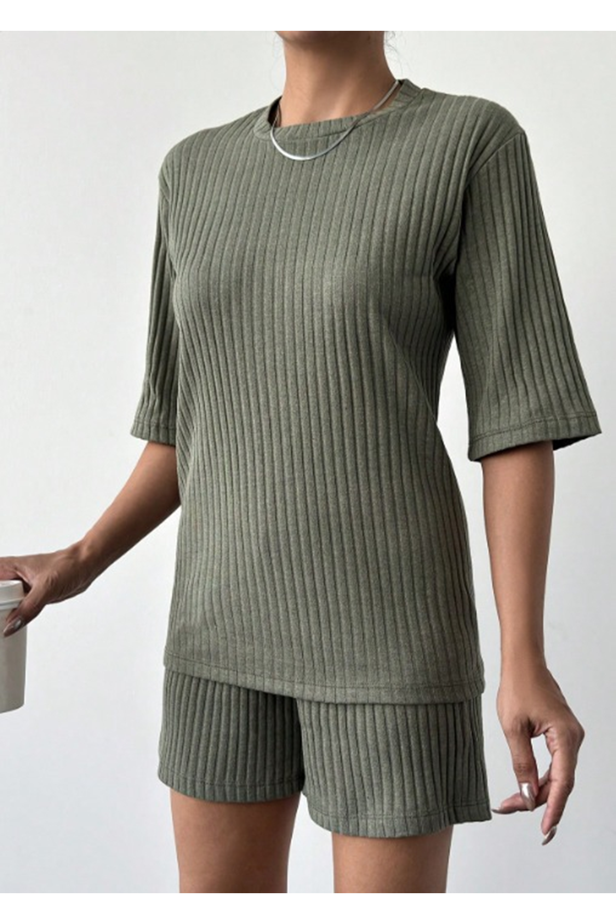 Kadın Kısa Kollu Bisiklet Yaka Kaşkorse Bluz şort Ikili Takım