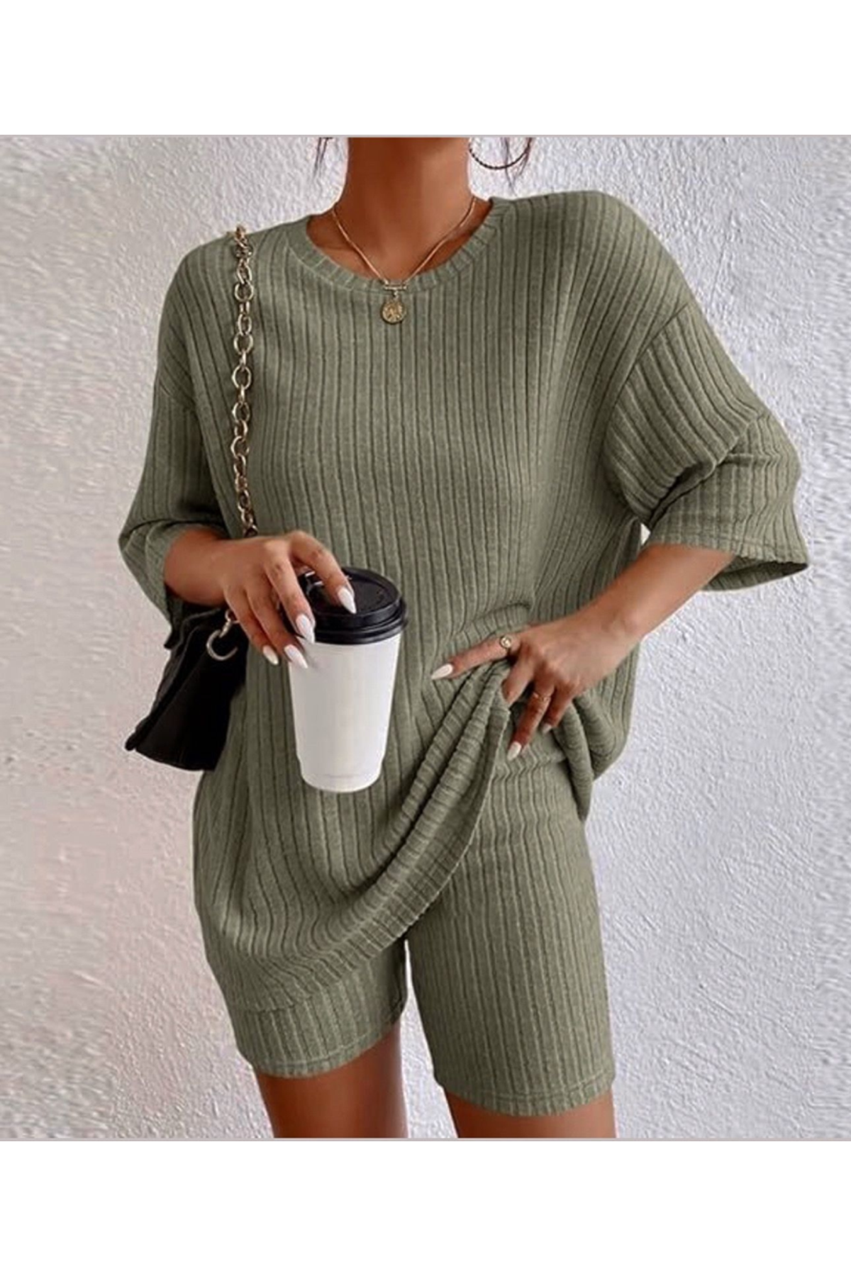 Kadın Kısa Kollu Bisiklet Yaka Kaşkorse Bluz şort Ikili Takım