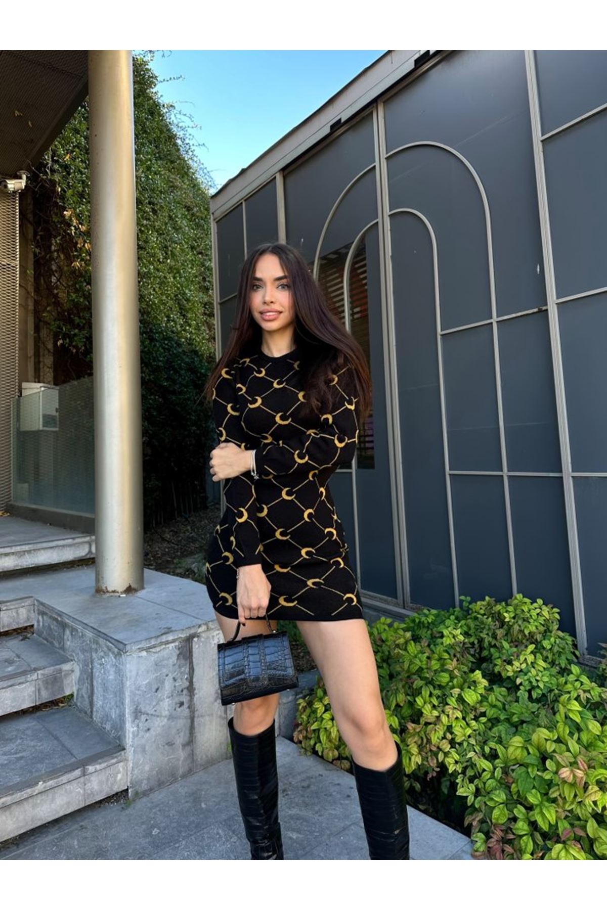 Kadın Bisiklet Yaka Uzun Kol Triko Mini Boy Elbise