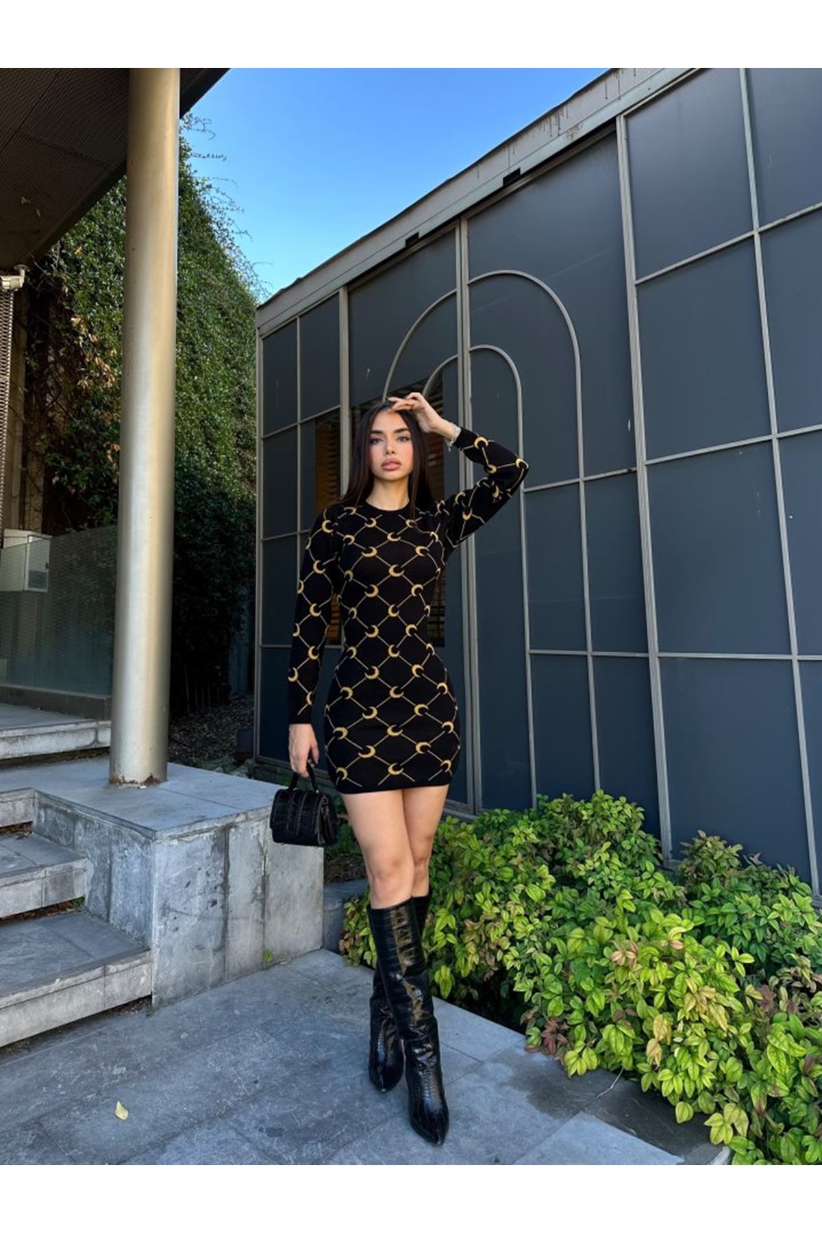 Kadın Bisiklet Yaka Uzun Kol Triko Mini Boy Elbise