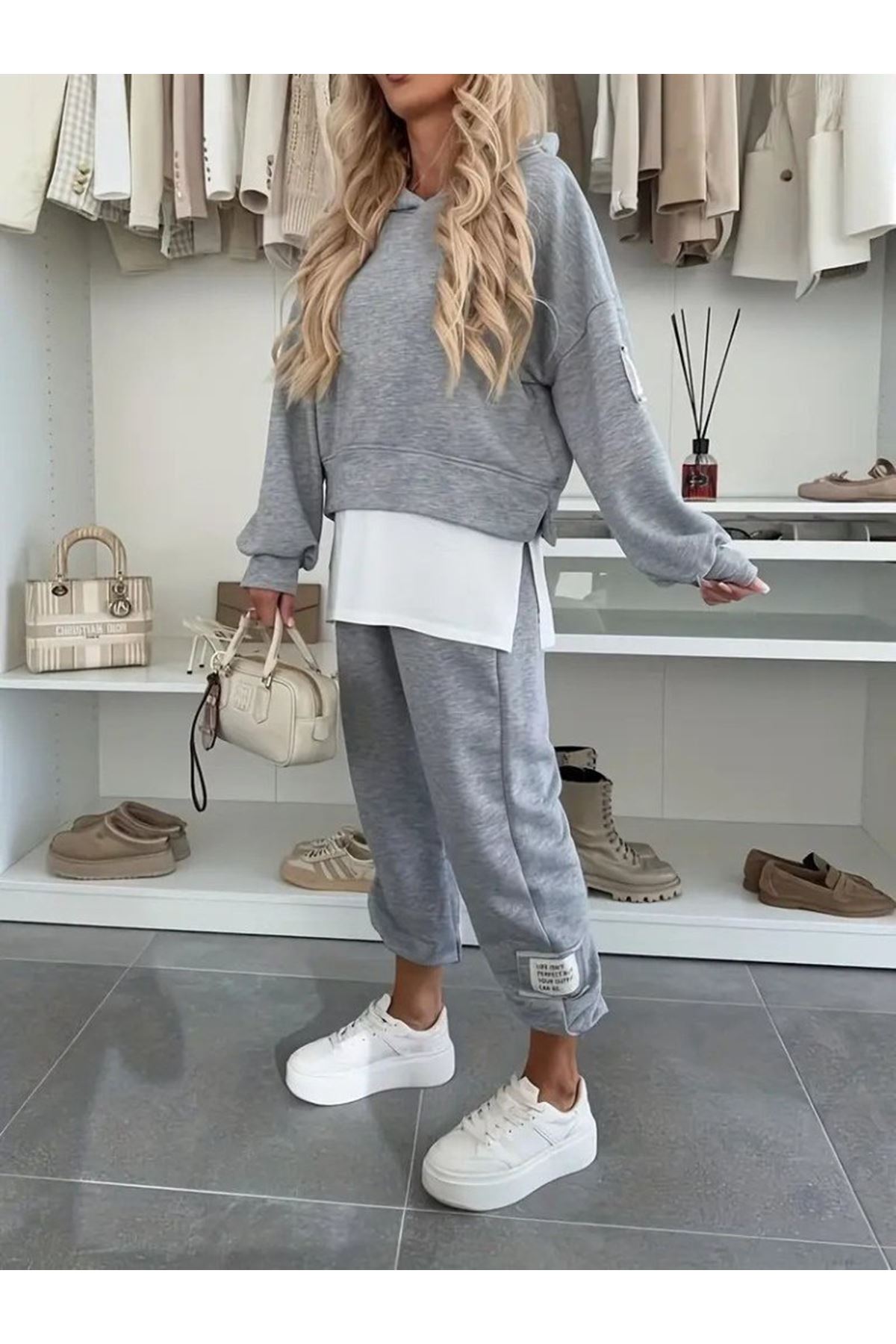 Kadın Uzun Kollu Kapşonlu Viskon Iki Iplik Bluz Ve Pantolon Ikili Takım