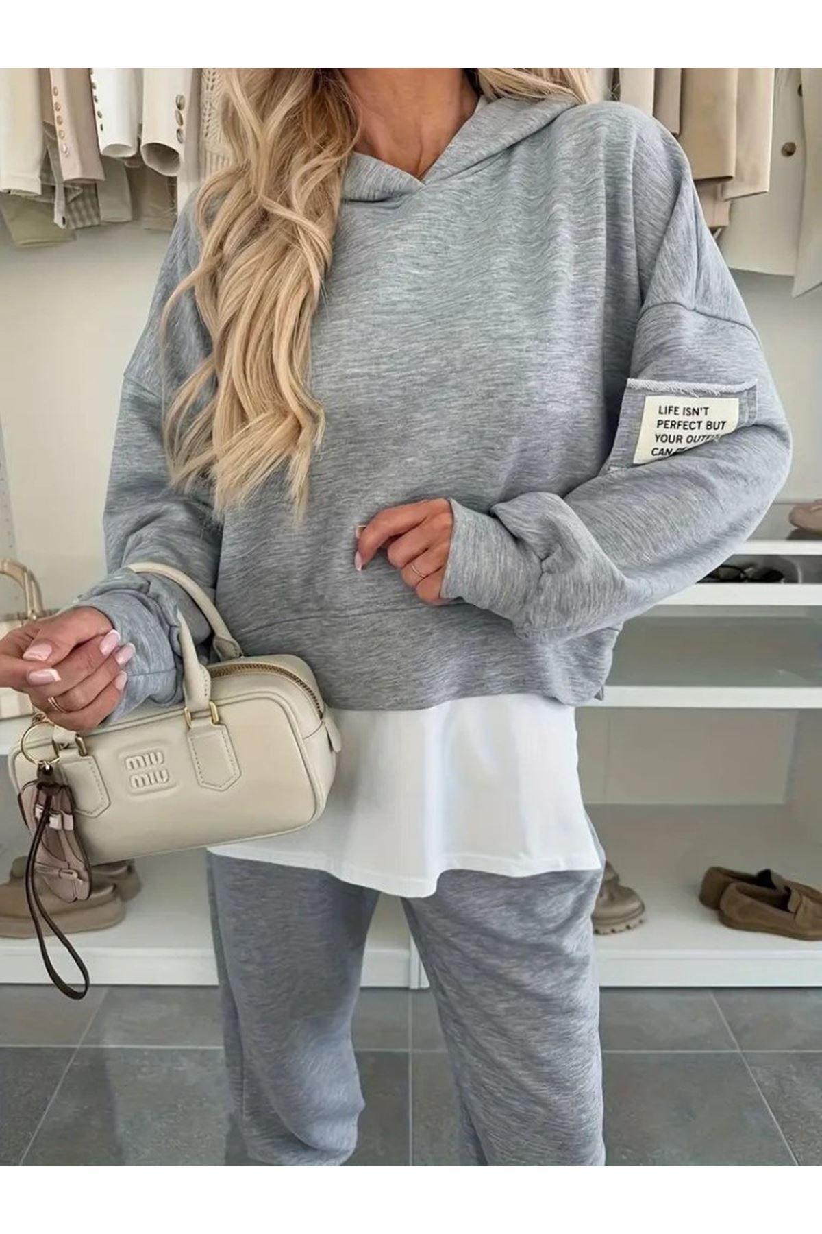Kadın Uzun Kollu Kapşonlu Viskon Iki Iplik Bluz Ve Pantolon Ikili Takım