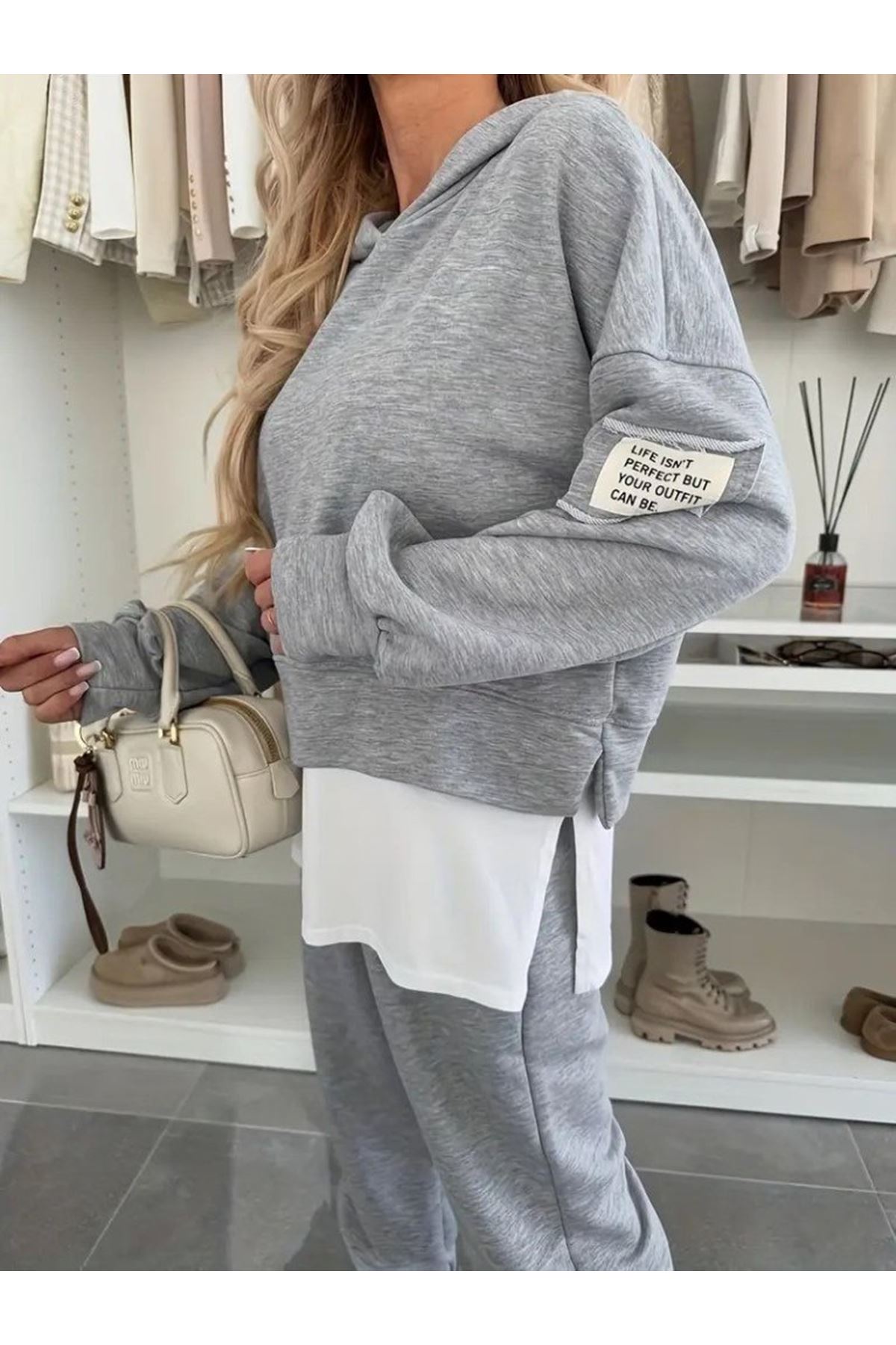 Kadın Uzun Kollu Kapşonlu Viskon Iki Iplik Bluz Ve Pantolon Ikili Takım