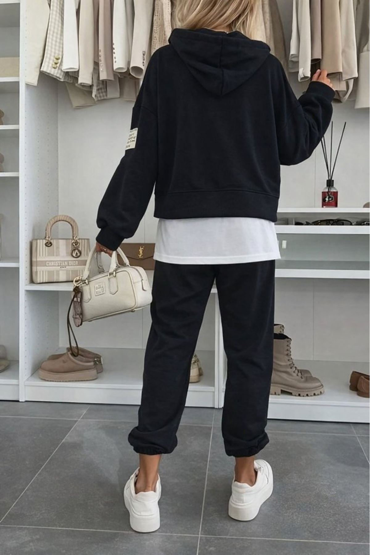 Kadın Uzun Kollu Kapşonlu Viskon Iki Iplik Bluz Ve Pantolon Ikili Takım