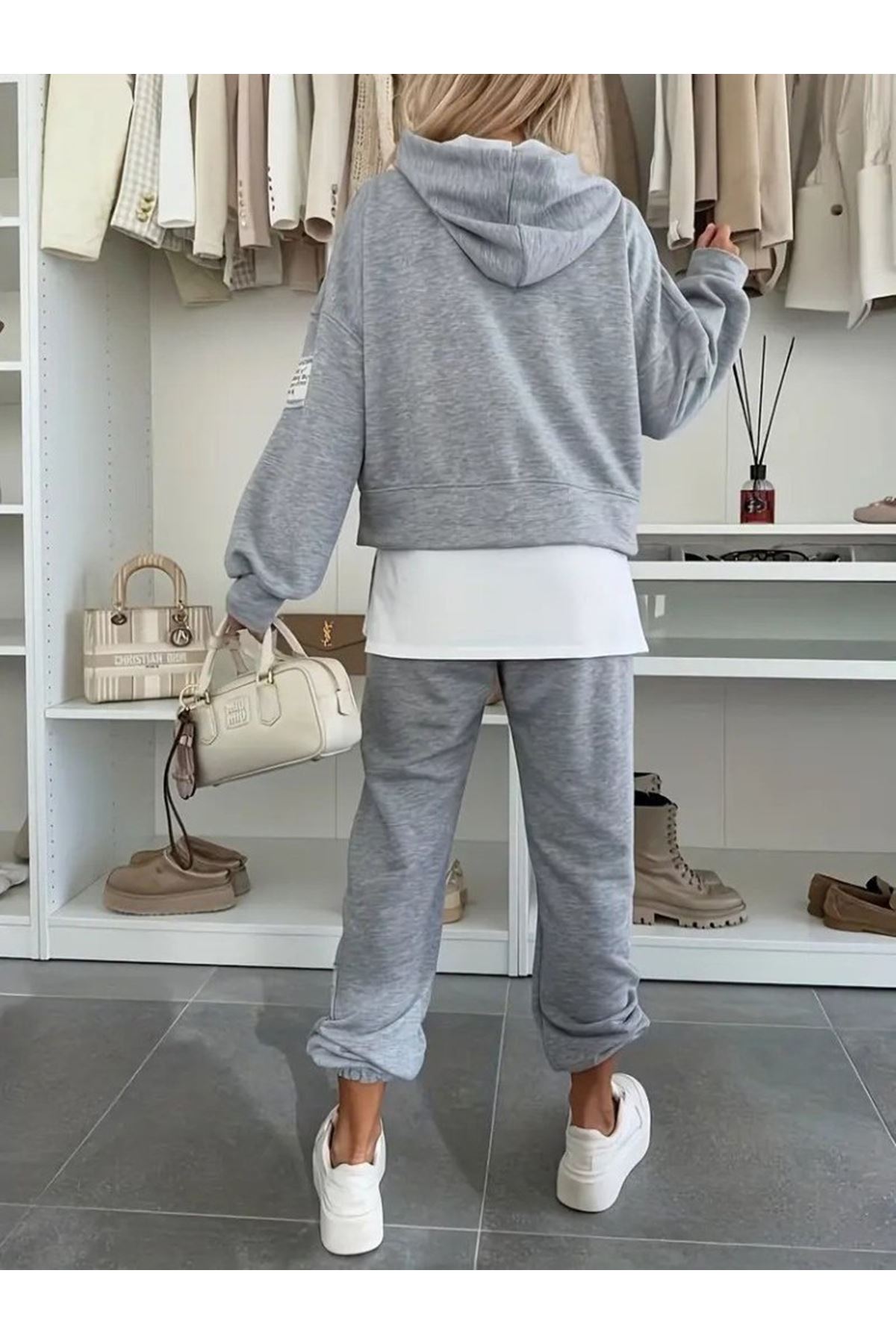 Kadın Uzun Kollu Kapşonlu Viskon Iki Iplik Bluz Ve Pantolon Ikili Takım