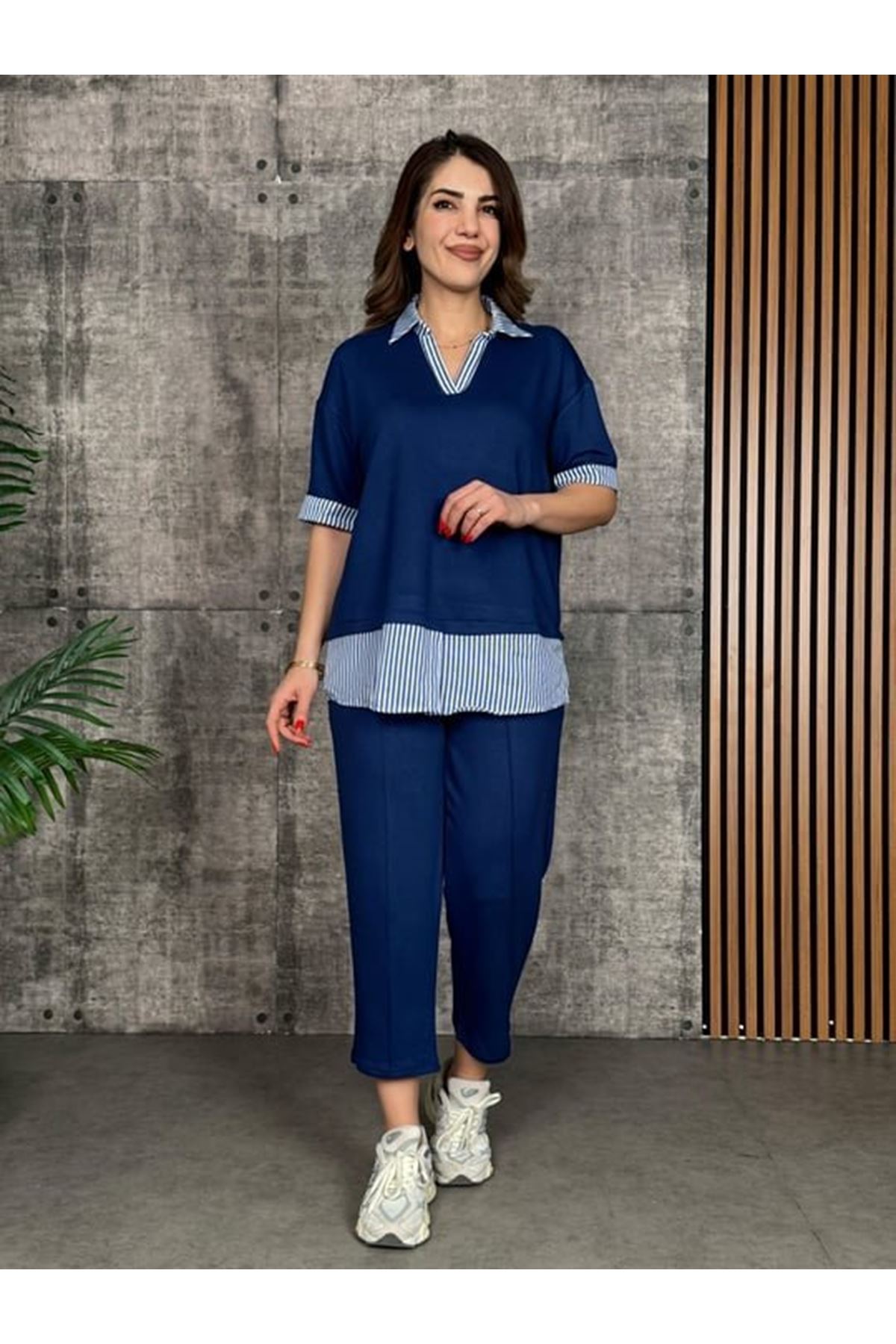 Kadın Modal Kumaş çizgili Gömlek Yaka Ikili Takım