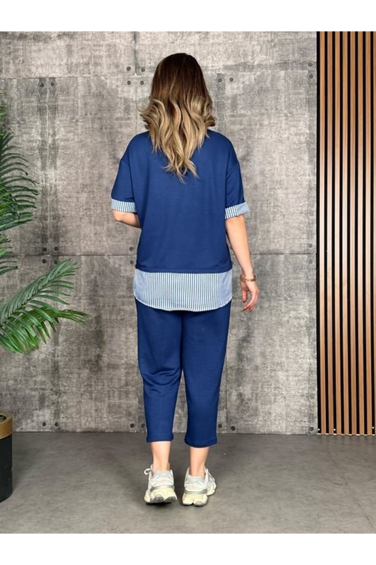 Kadın Modal Kumaş çizgili Gömlek Yaka Ikili Takım