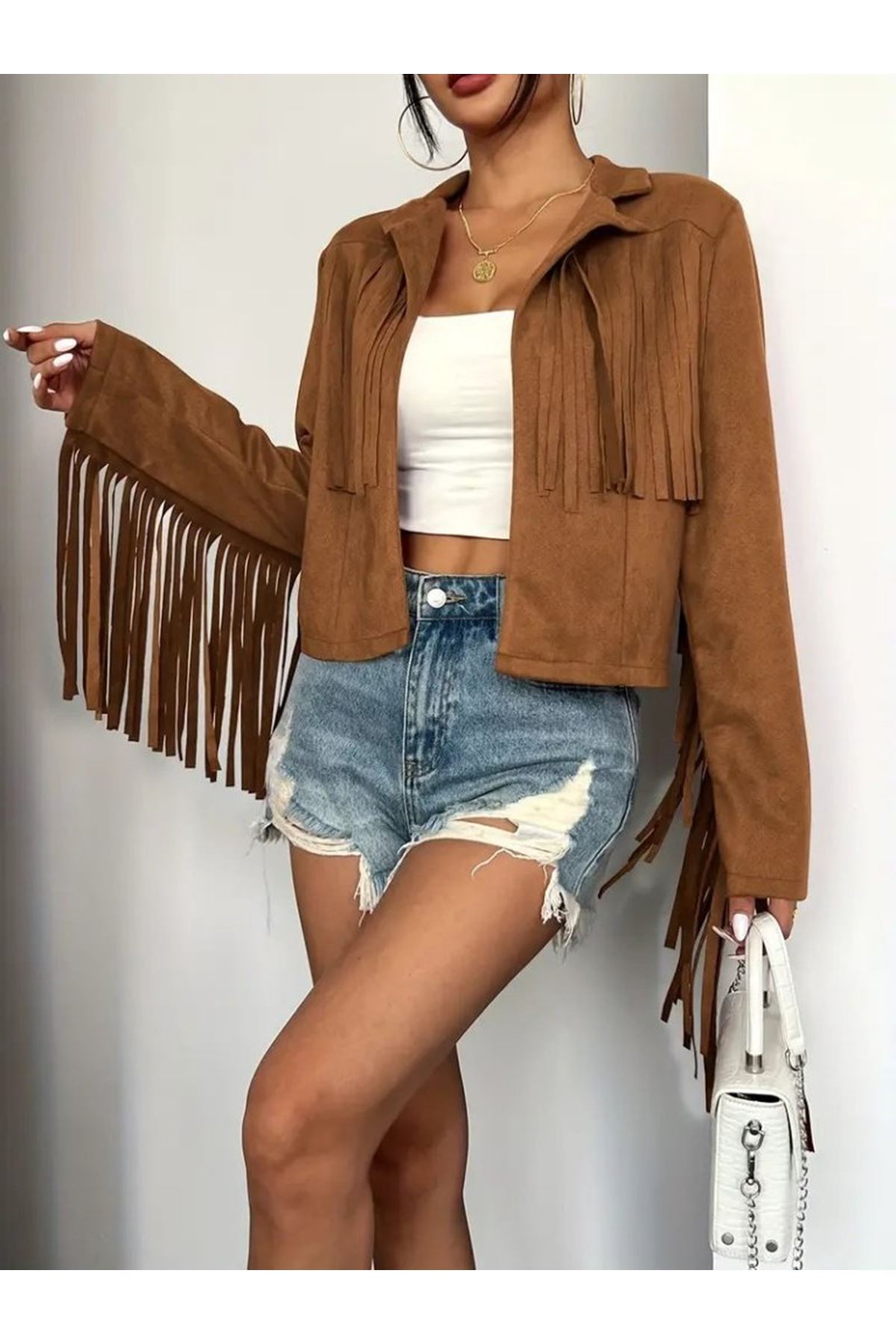 Kadın Uzun Kollu Yakalı Kısa Püsküllü Süet Ceket