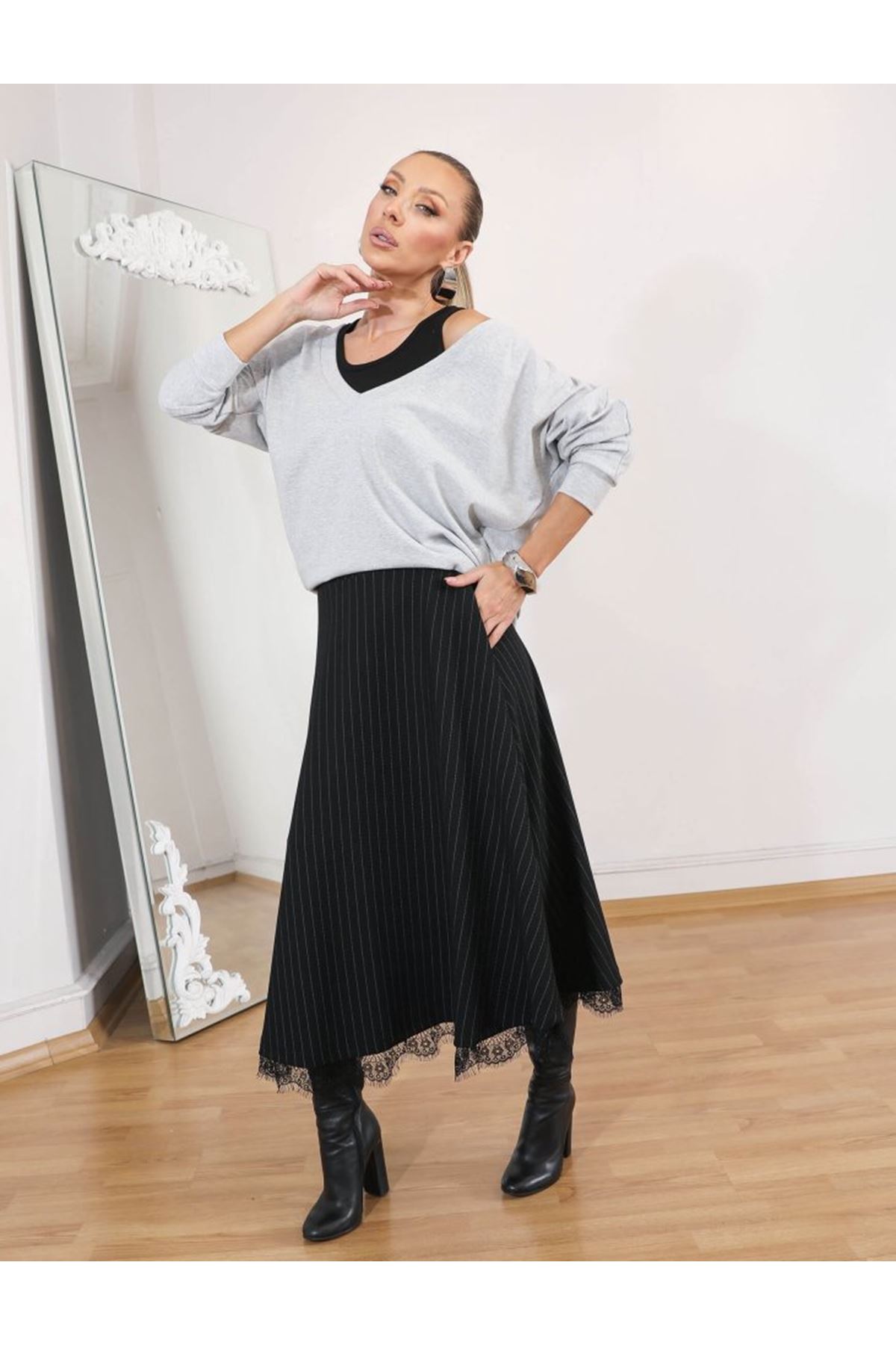 Kadın Atlet Bluz Ve Etek üçlü Takım