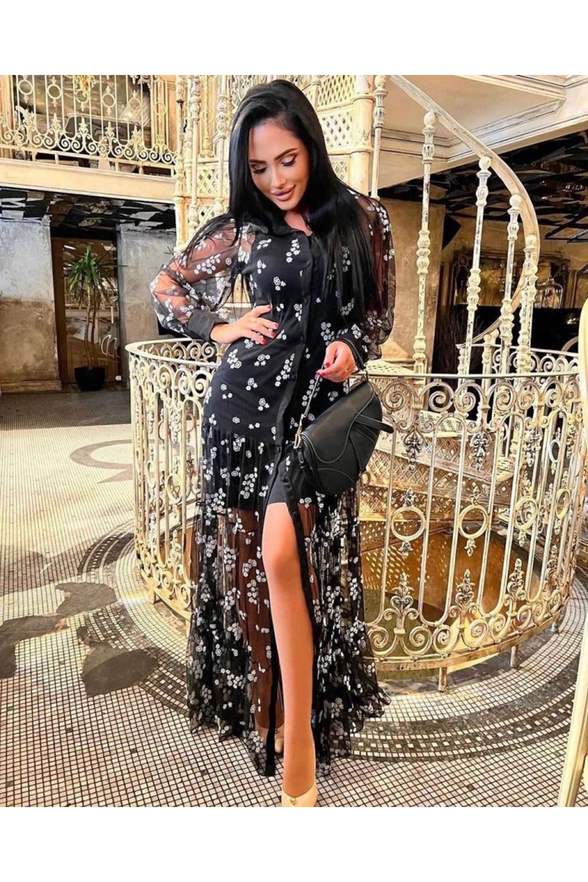 Kadın Flok Kumaş çiçek Desenli Elbise