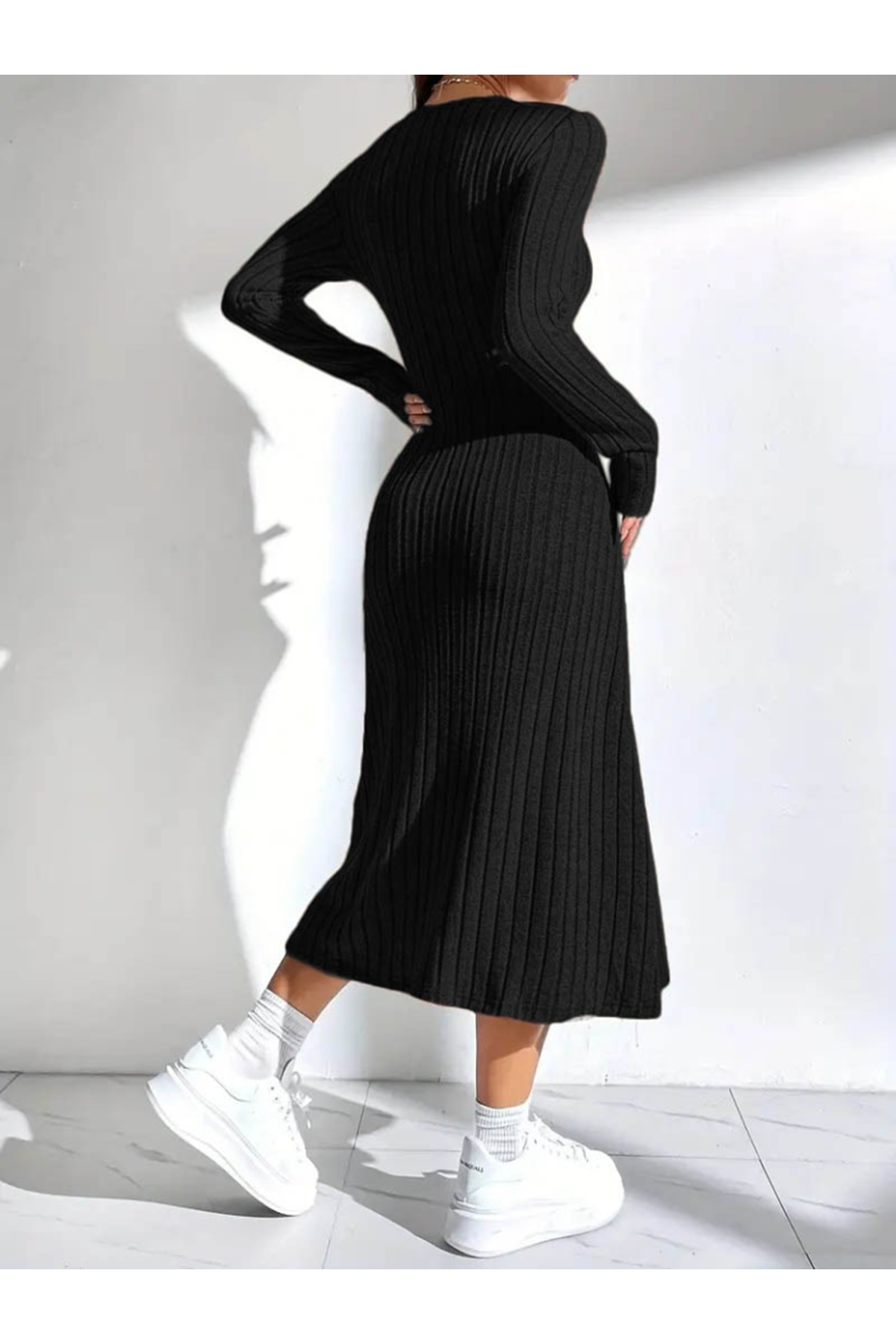 Kadın Uzun Kollu Kare Yakalı Midi şardonlu Kaşkorse Elbise