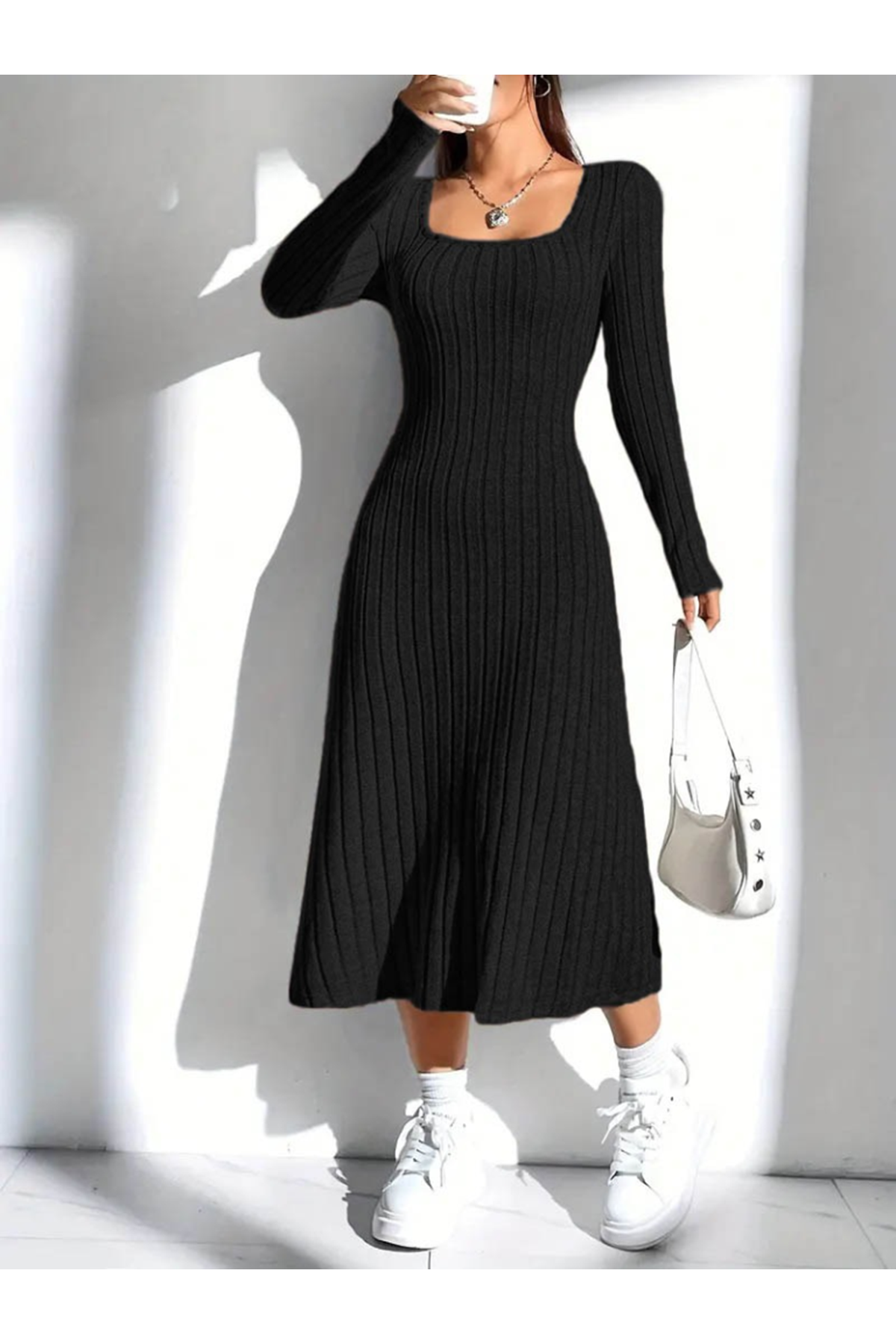 Kadın Uzun Kollu Kare Yakalı Midi şardonlu Kaşkorse Elbise