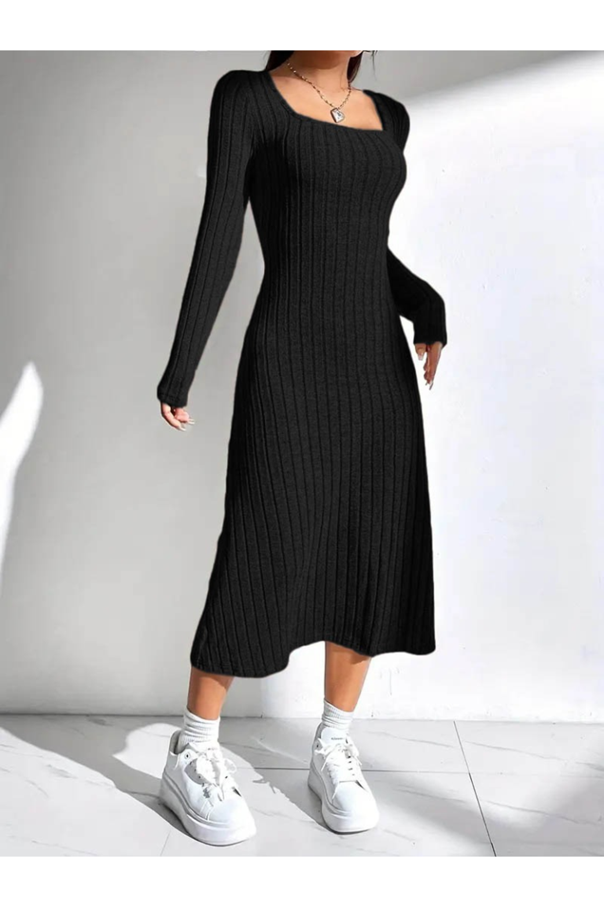 Kadın Uzun Kollu Kare Yakalı Midi şardonlu Kaşkorse Elbise