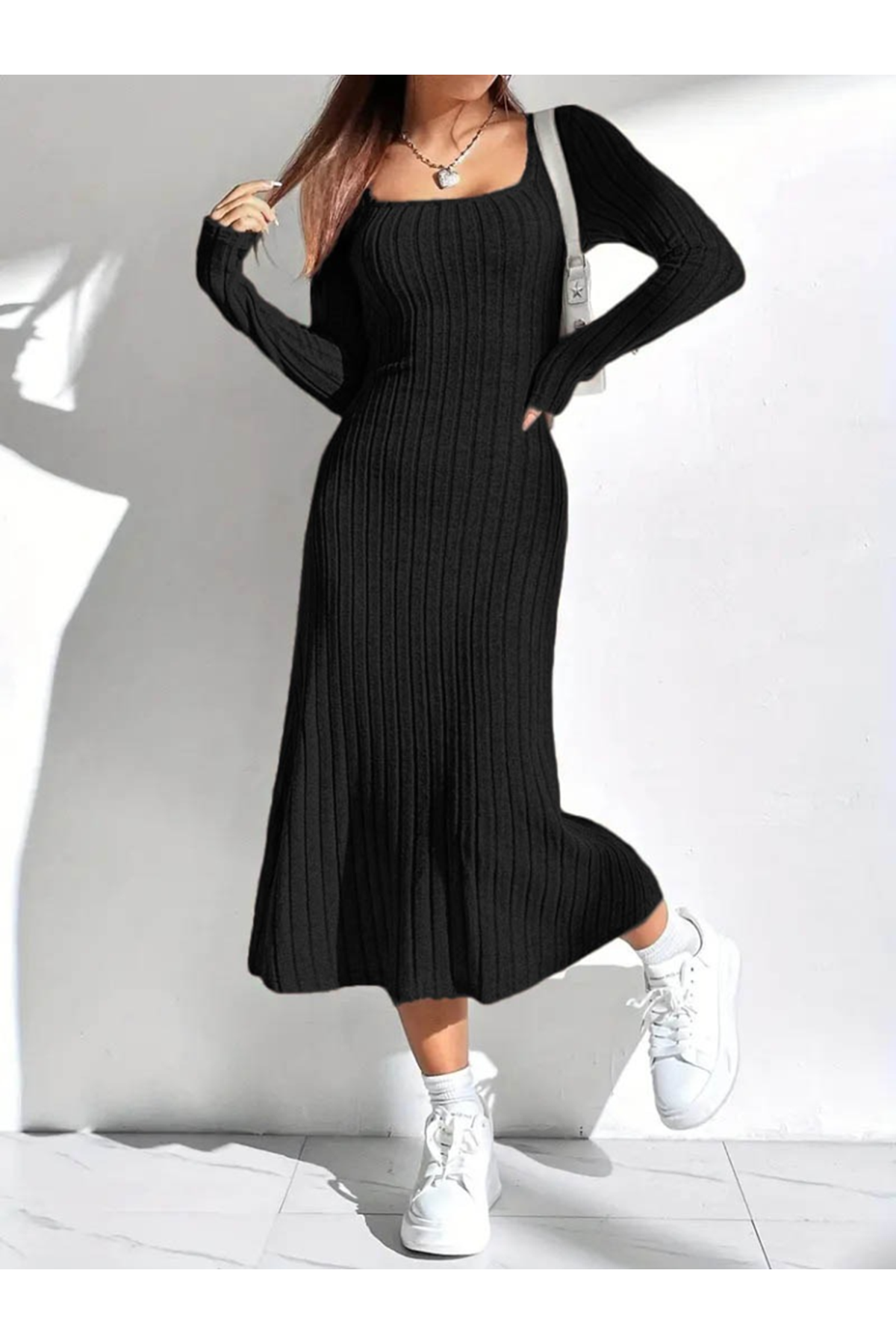 Kadın Uzun Kollu Kare Yakalı Midi şardonlu Kaşkorse Elbise