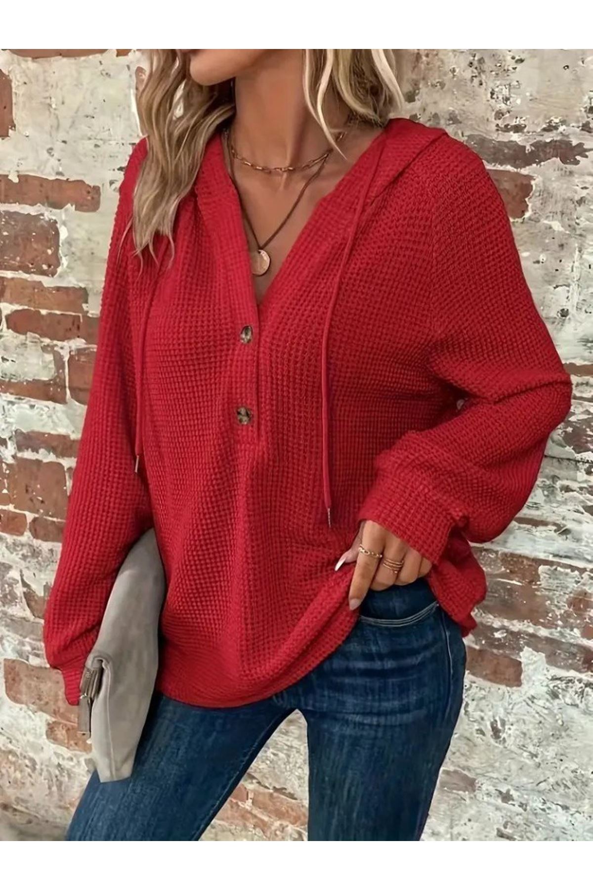 Kadın Uzun Kollu Kapşonlu önü Düğmeli Ve Bağcıklı Waffle Bluz