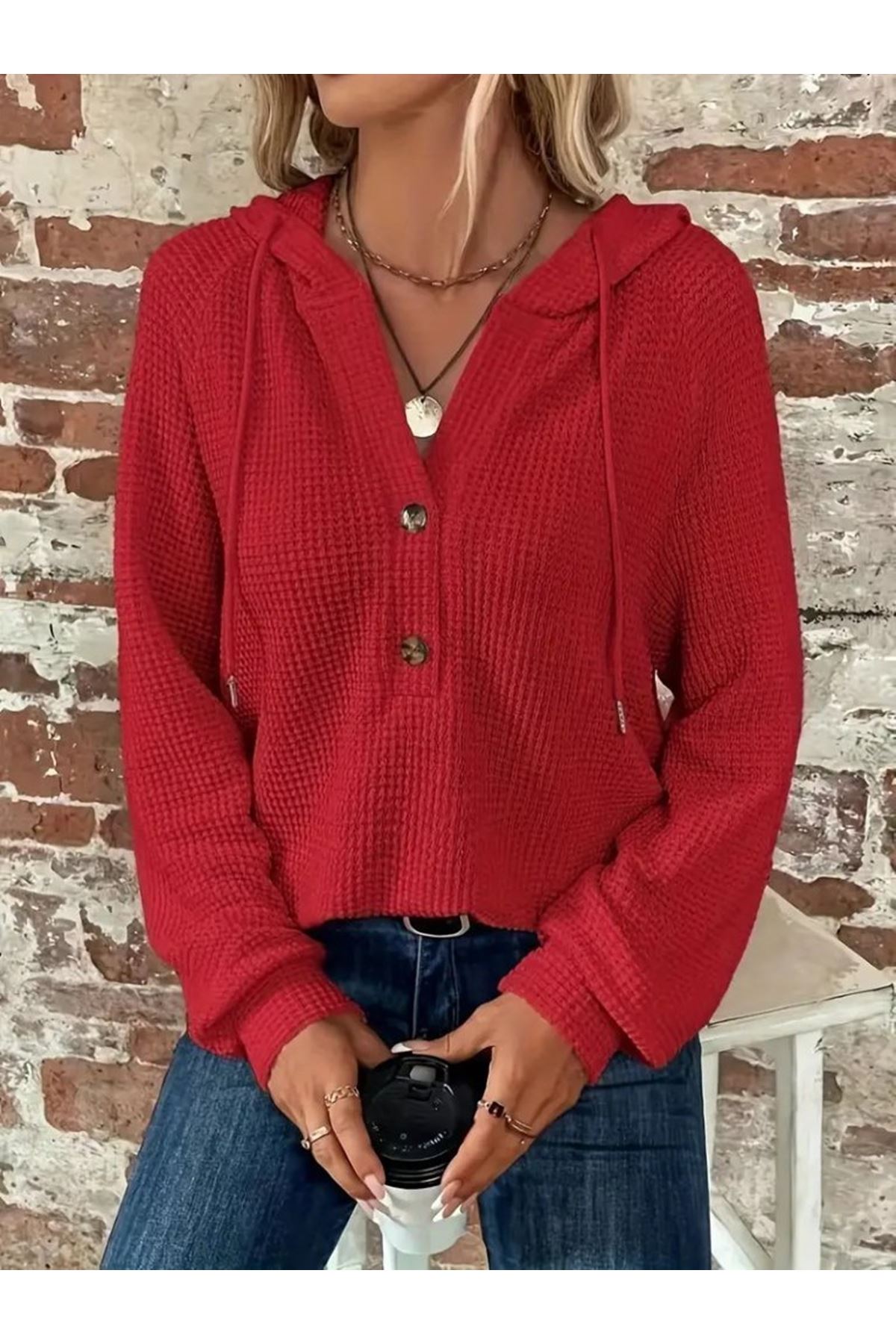 Kadın Uzun Kollu Kapşonlu önü Düğmeli Ve Bağcıklı Waffle Bluz