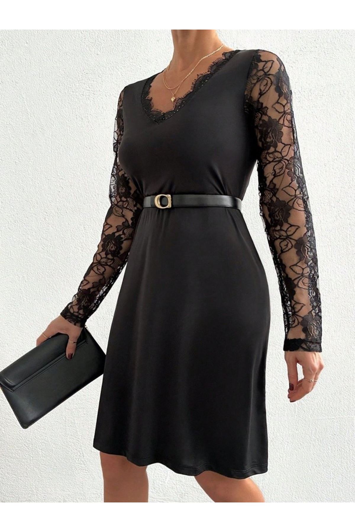 Kadın Uzun Kollu Yaka Ve Kol Dantel Detay Sandy Mini Boy Elbise