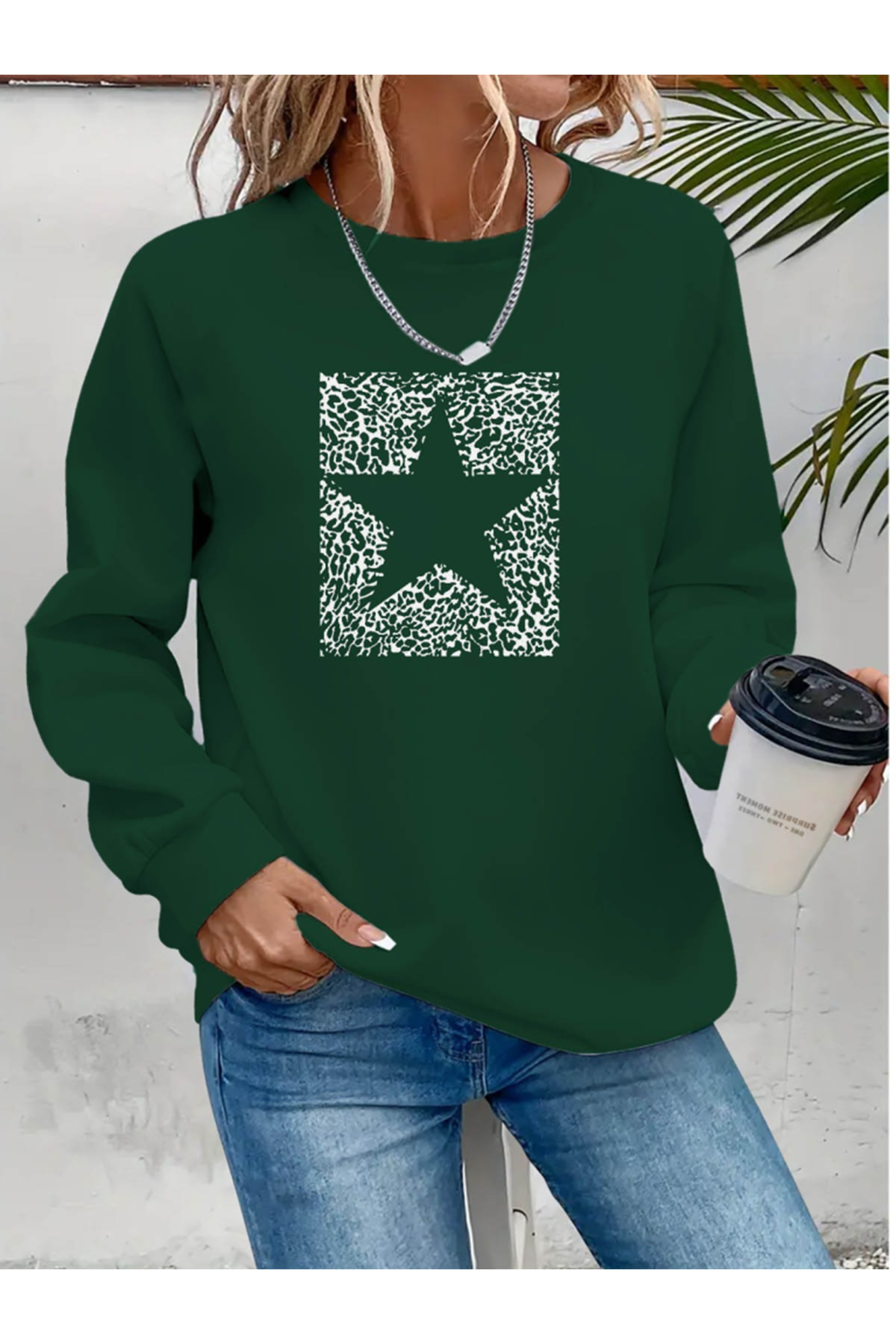 Kadın Uzun Kollu Bisiklet Yaka Desenli Viskon Iki Iplik Bluz