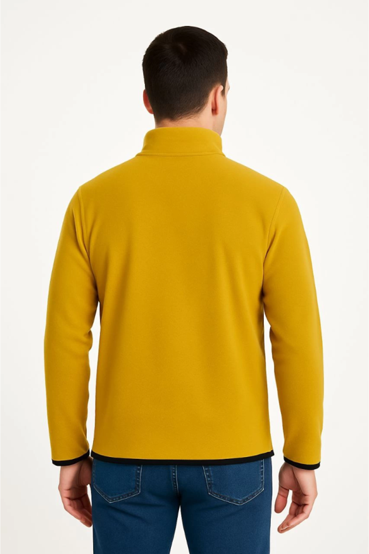 Erkek Polar Kazak – Dik Yaka, Yarım Fermuarlı, Fermuarlı Göğüs Cepli, Siyah Biyeli, Kışlık Rahat Regular Fit Günlük Model - Sarı