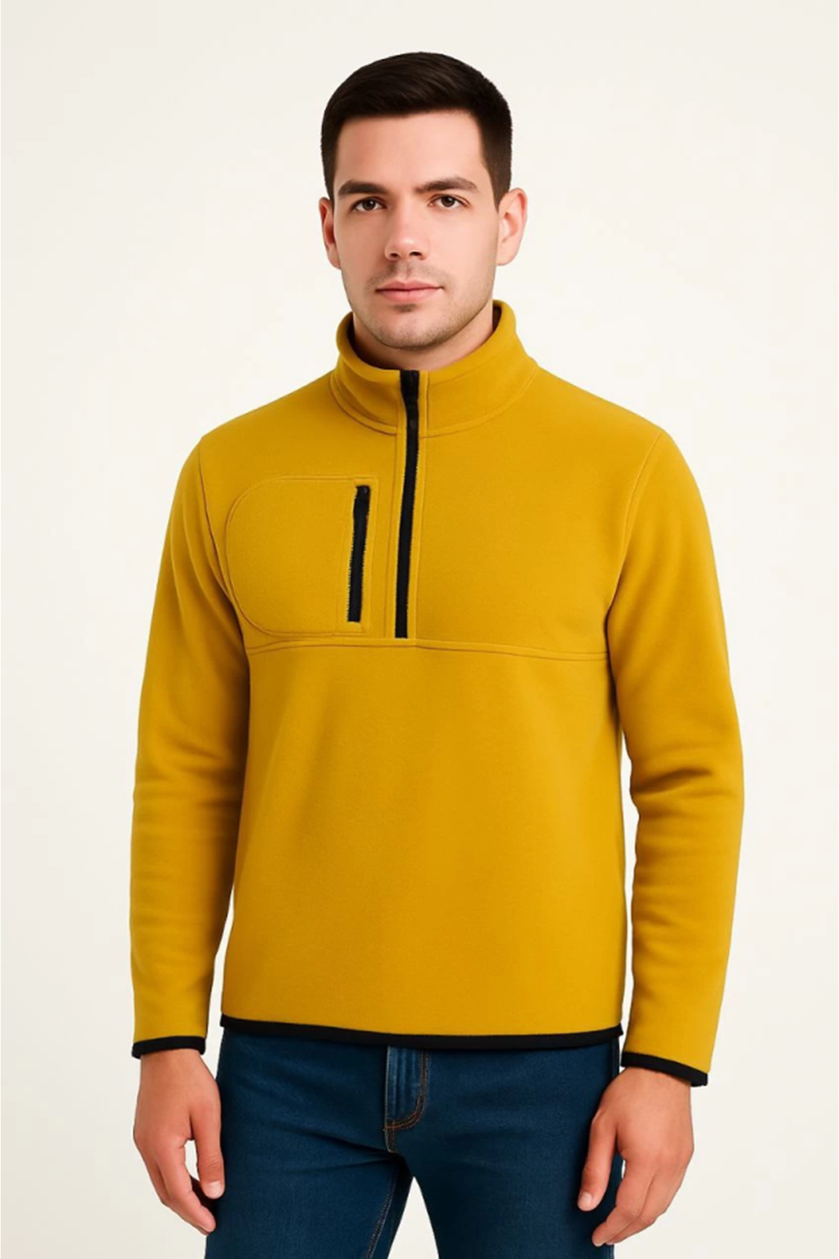 Erkek Polar Kazak – Dik Yaka, Yarım Fermuarlı, Fermuarlı Göğüs Cepli, Siyah Biyeli, Kışlık Rahat Regular Fit Günlük Model - Sarı