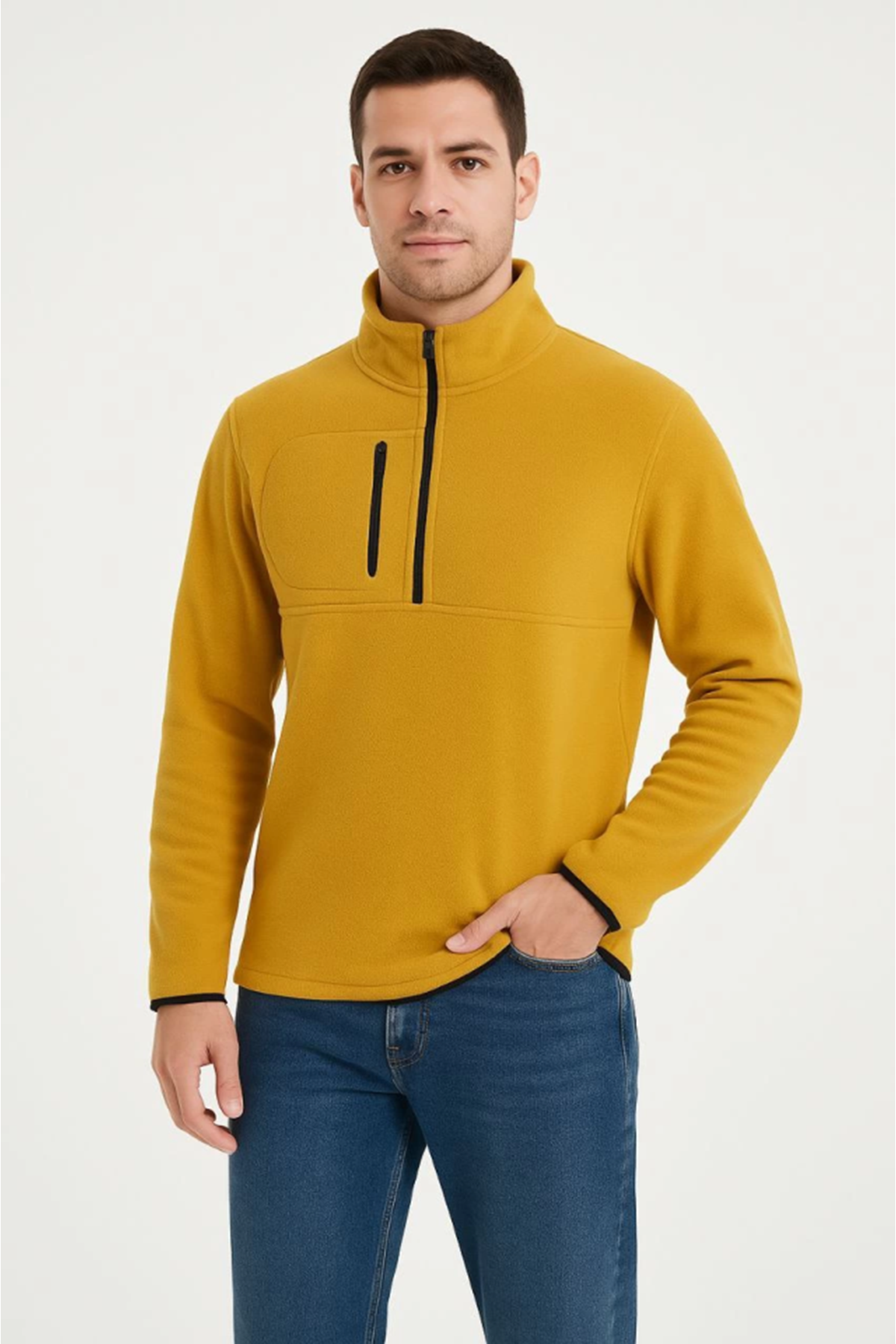 Erkek Polar Kazak – Dik Yaka, Yarım Fermuarlı, Fermuarlı Göğüs Cepli, Siyah Biyeli, Kışlık Rahat Regular Fit Günlük Model - Sarı