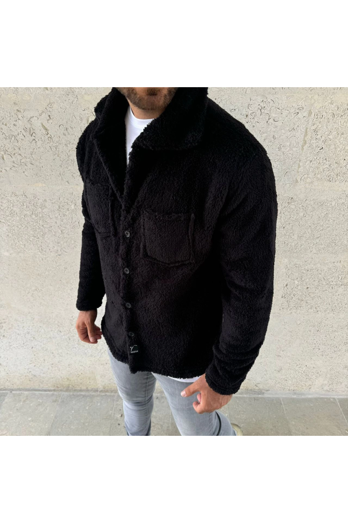 Erkek Pelüş Polar Hırka Gömlek – Yakalı, İlik Düğmeli, Göğüs Cepli, Yumuşak Dokulu Kışlık Regular Fit Rahat Günlük Model - Siyah