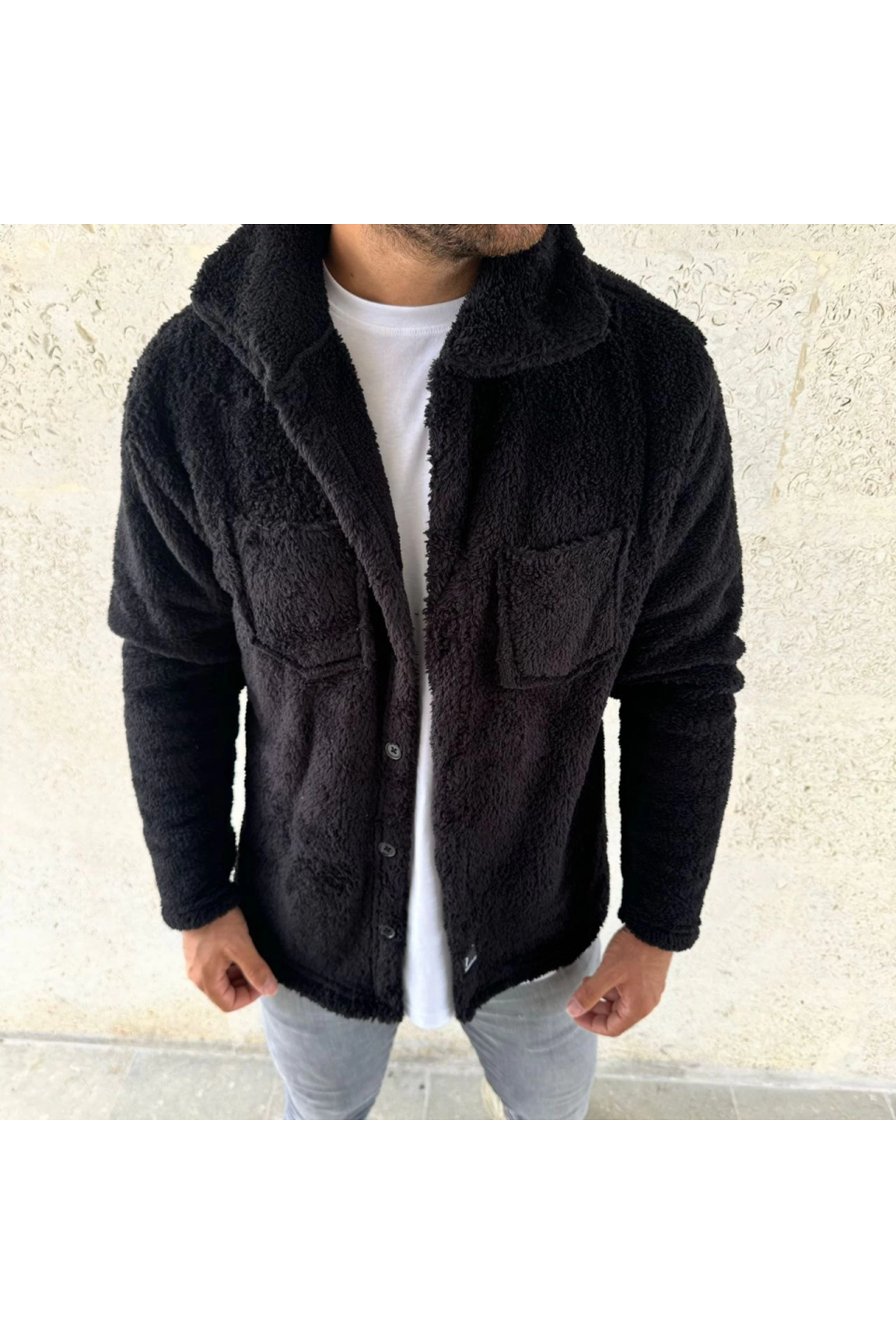 Erkek Pelüş Polar Hırka Gömlek – Yakalı, İlik Düğmeli, Göğüs Cepli, Yumuşak Dokulu Kışlık Regular Fit Rahat Günlük Model - Siyah