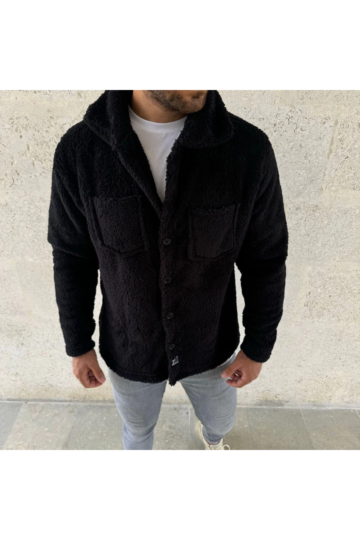 Erkek Pelüş Polar Hırka Gömlek – Yakalı, İlik Düğmeli, Göğüs Cepli, Yumuşak Dokulu Kışlık Regular Fit Rahat Günlük Model - Siyah