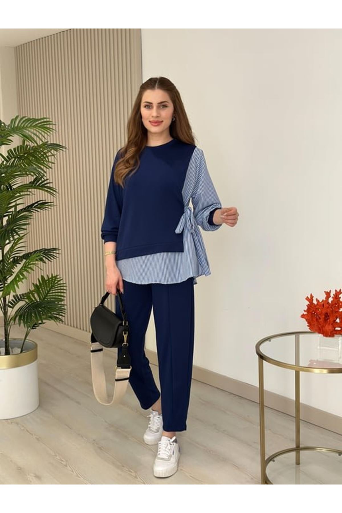 Kadın Gömlek Detay çizgili Yandan Bağlamalı Ikili Takım