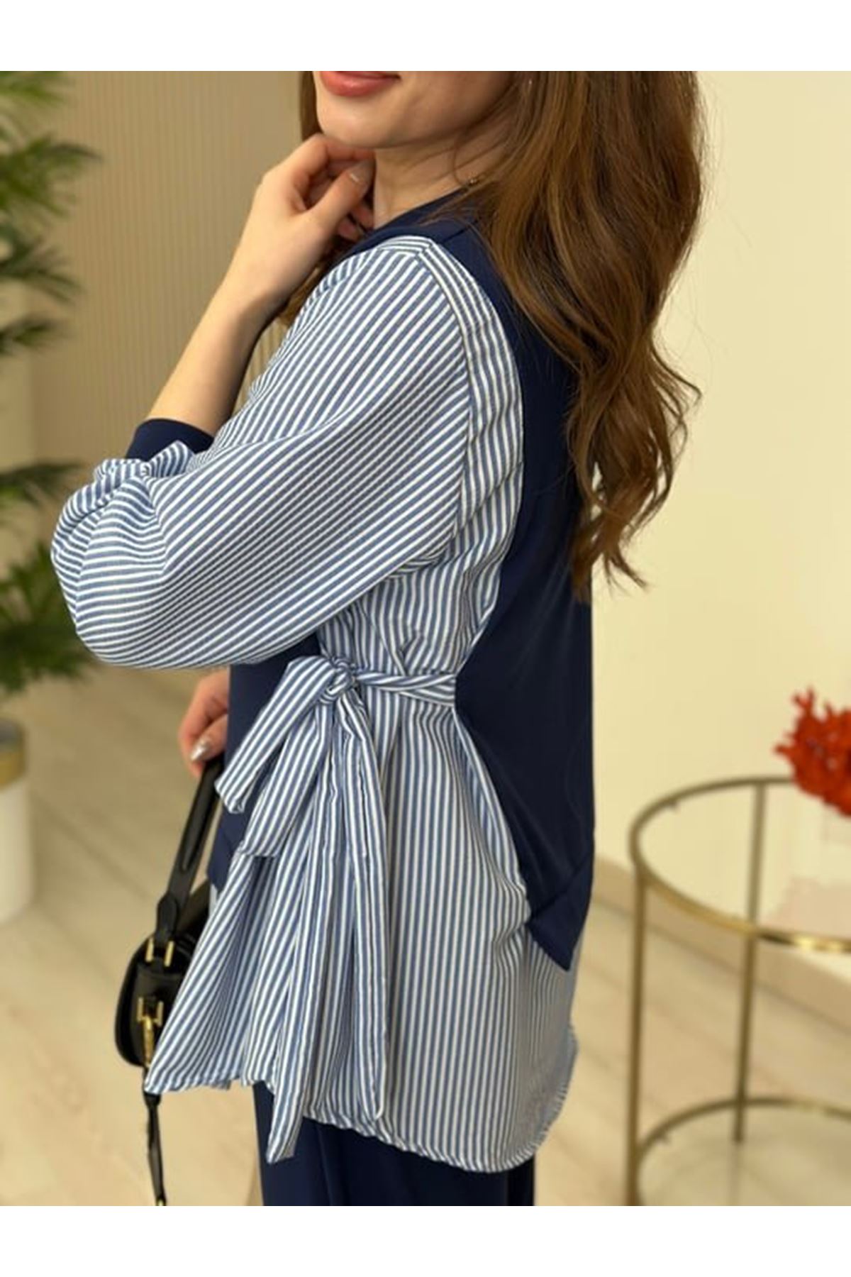 Kadın Gömlek Detay çizgili Yandan Bağlamalı Ikili Takım