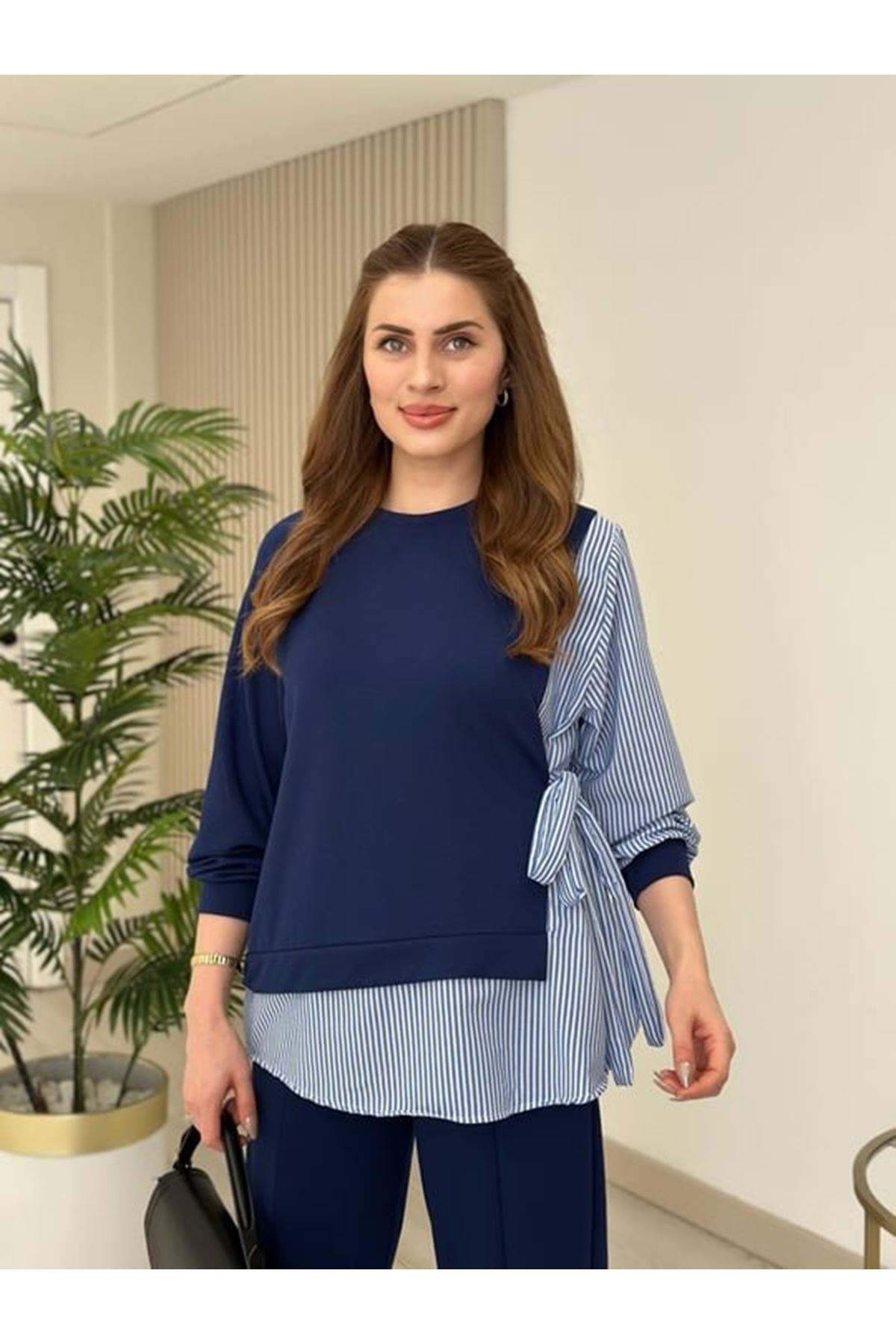 Kadın Gömlek Detay çizgili Yandan Bağlamalı Ikili Takım