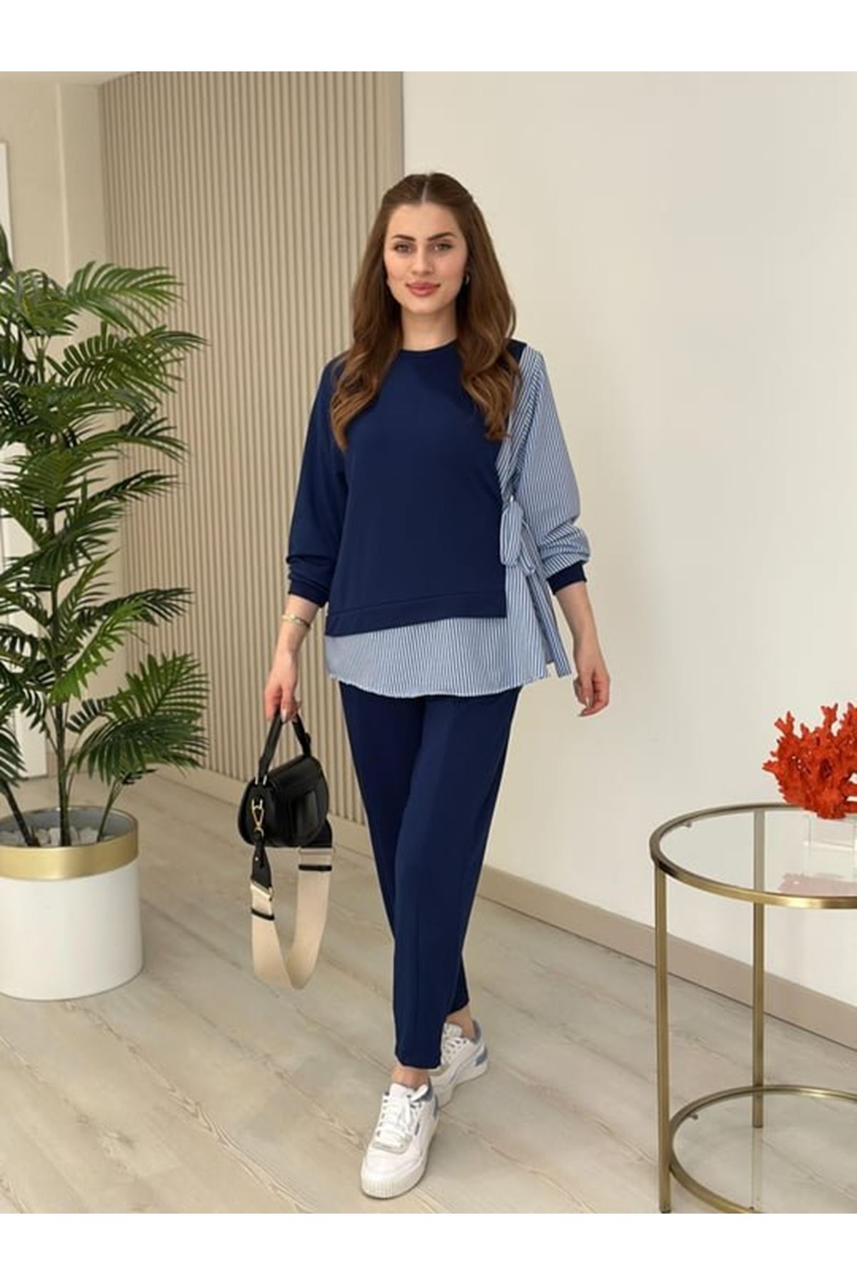 Kadın Gömlek Detay çizgili Yandan Bağlamalı Ikili Takım