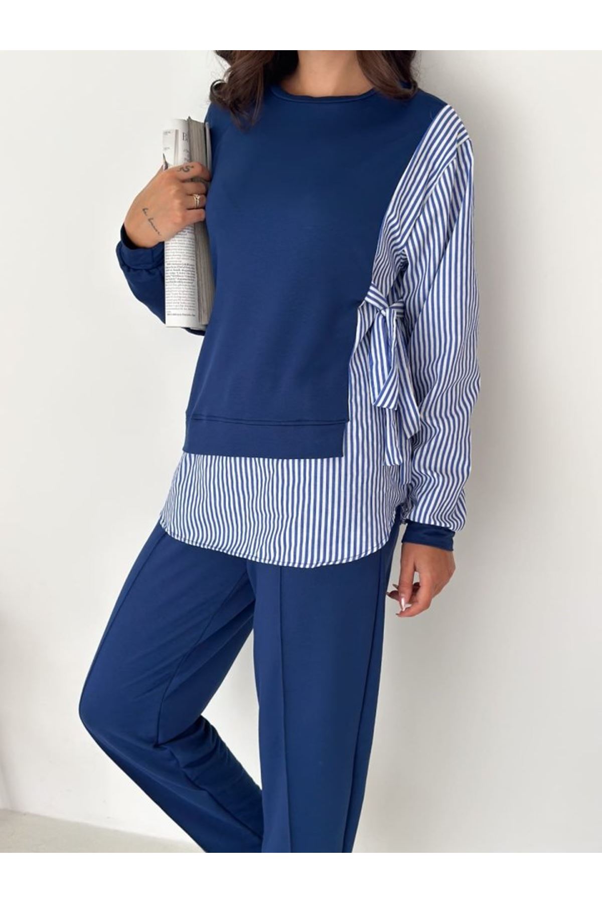 Kadın Gömlek Detay çizgili Yandan Bağlamalı Ikili Takım