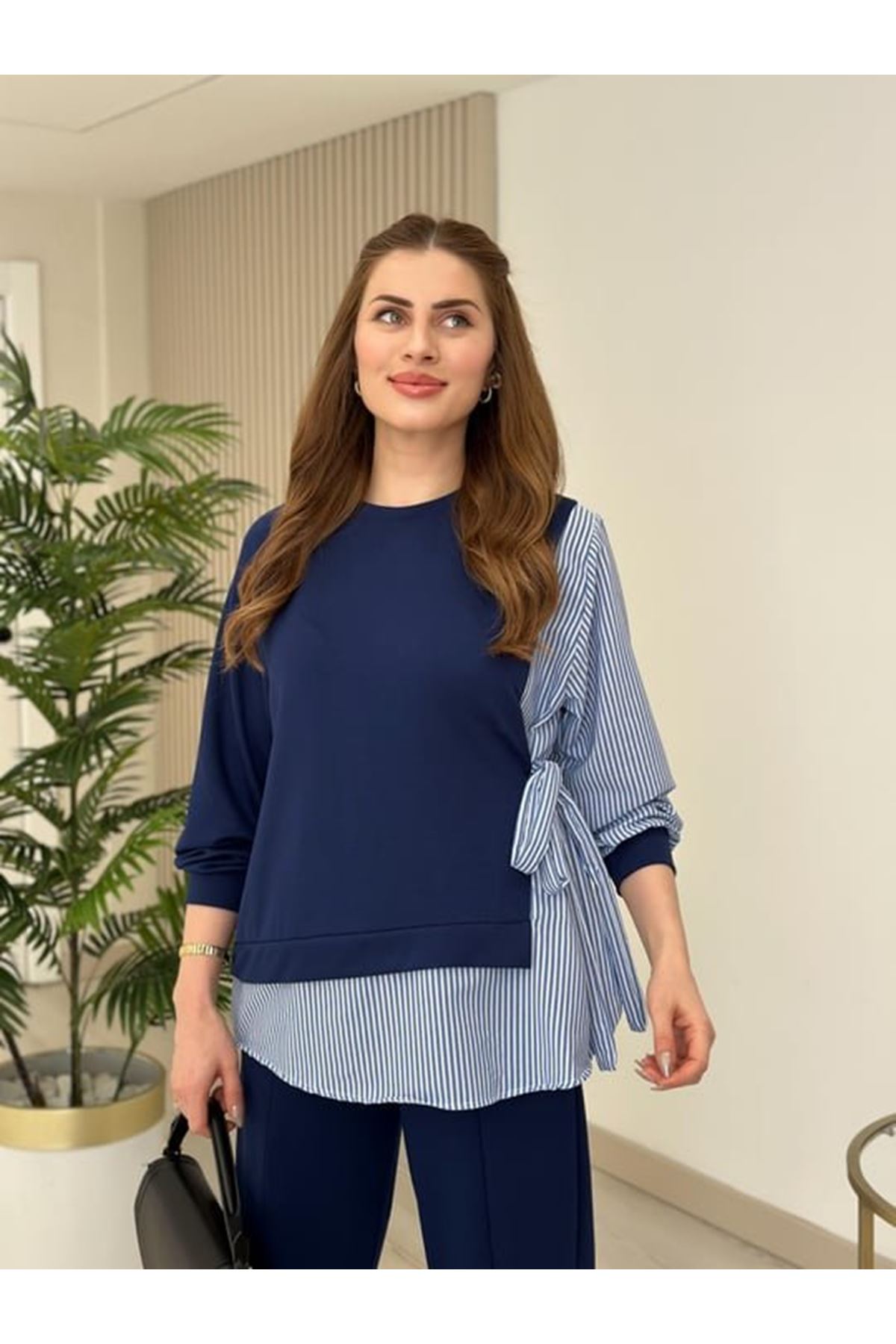 Kadın Gömlek Detay çizgili Yandan Bağlamalı Ikili Takım