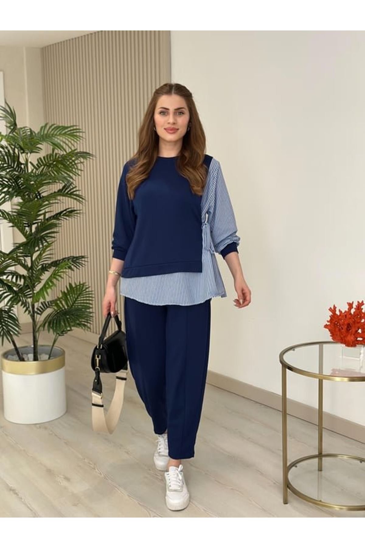 Kadın Gömlek Detay çizgili Yandan Bağlamalı Ikili Takım