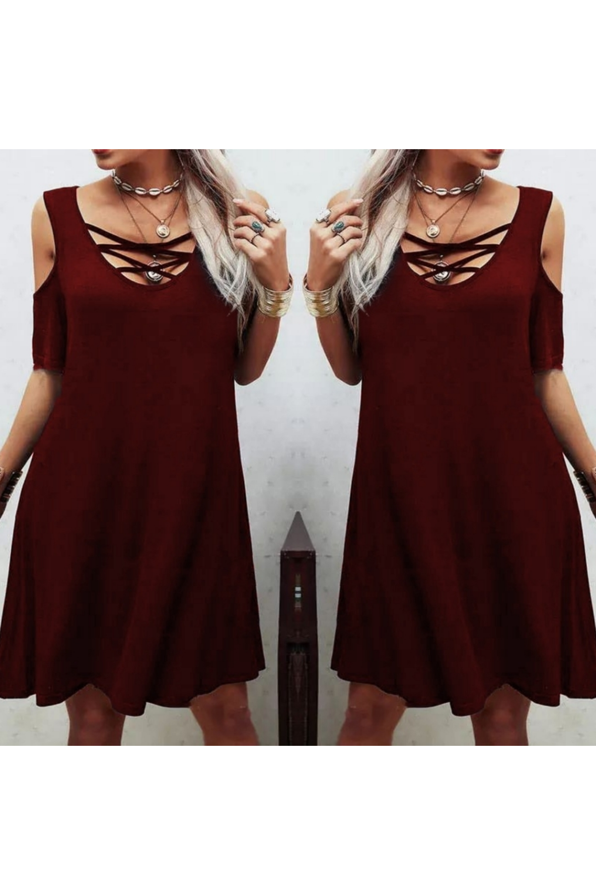 Dekolteli Bağcık Detay Viskon Kumaş Elbise