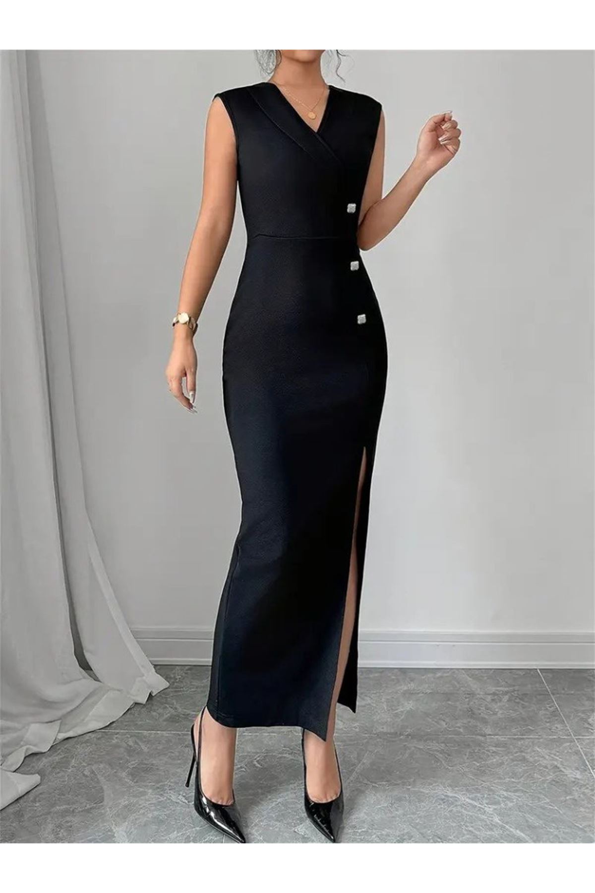 Kadın Kruvaze Yakalı Yandan Düğmeli Yırtmaç Detaylı Uzun Ithal Krep Elbise