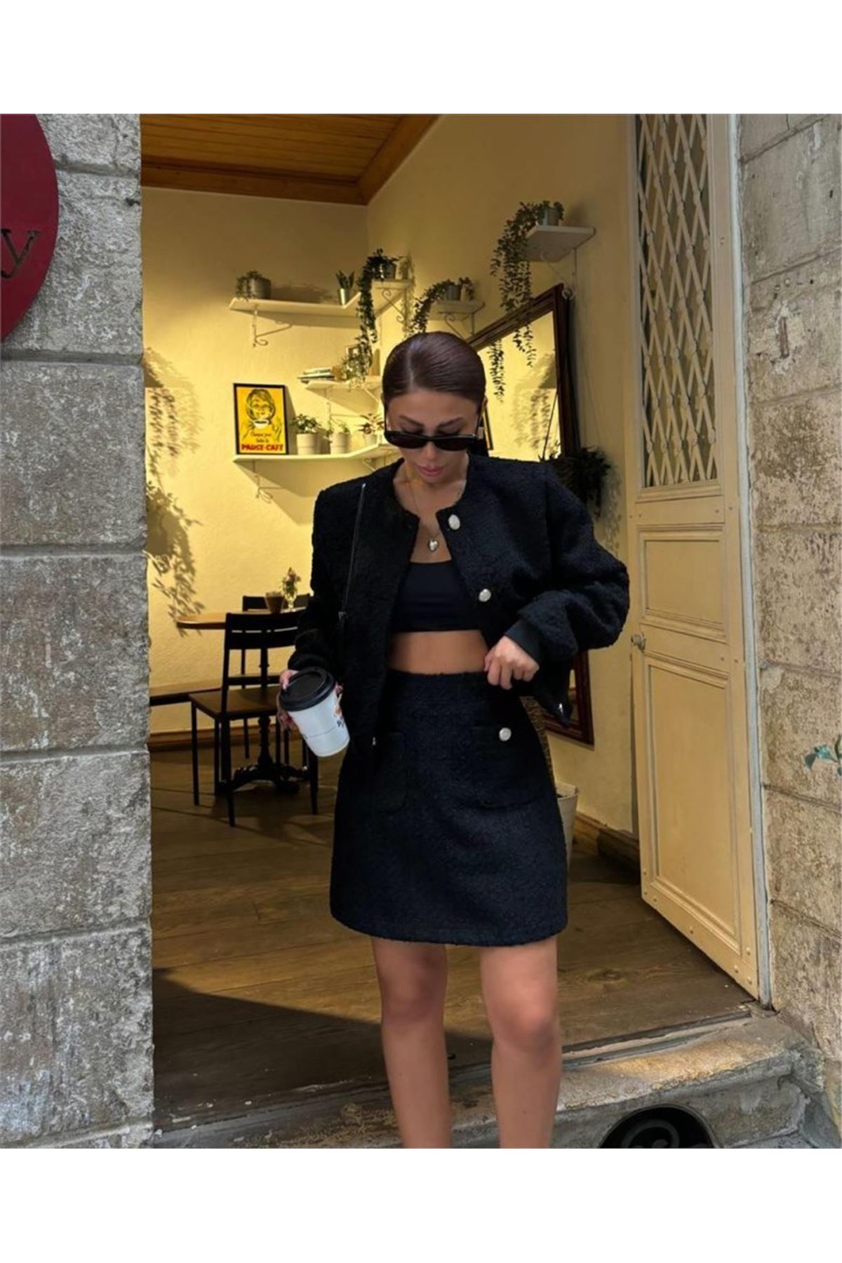 CHANEL CROP CEKET-KISA ETEK TAKIM - Siyah