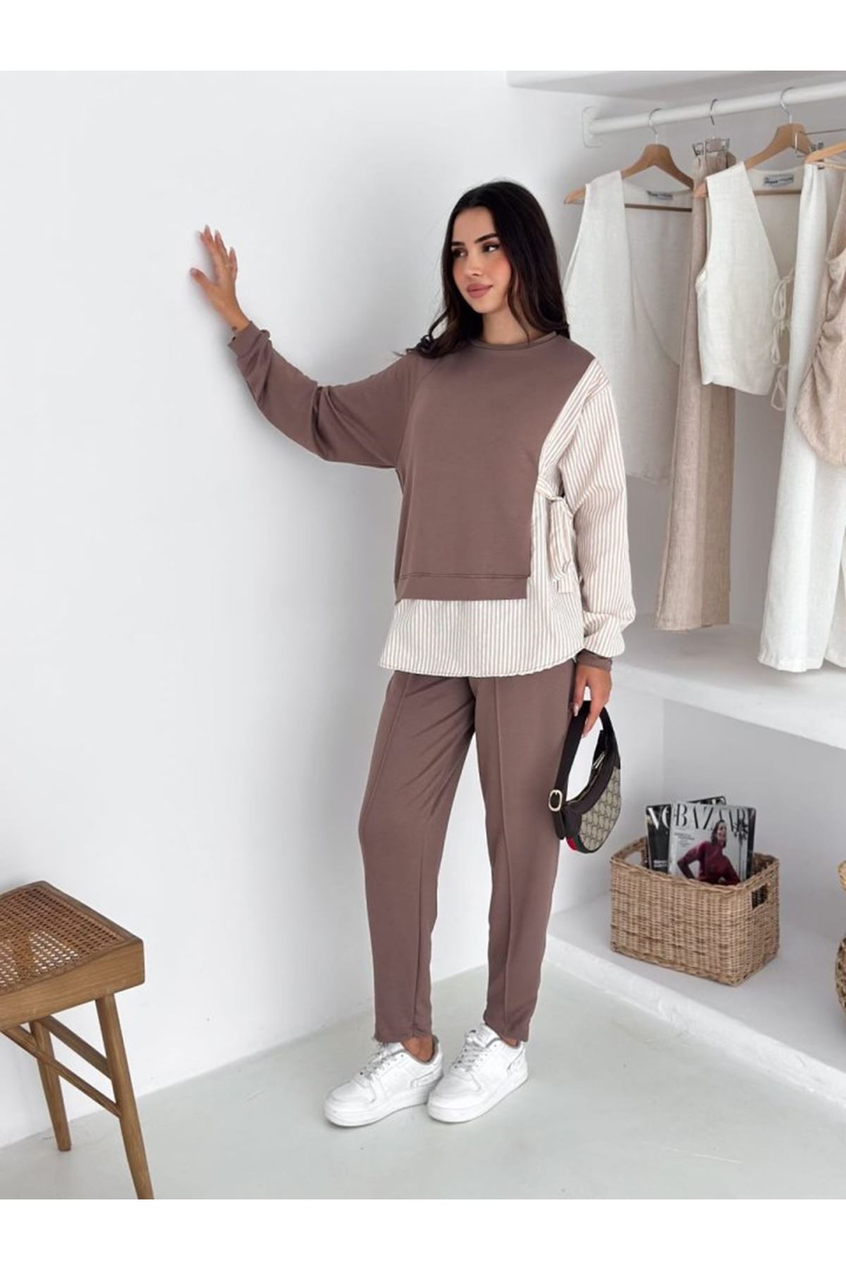 Kadın Gömlek Detay çizgili Yandan Bağlamalı Ikili Takım