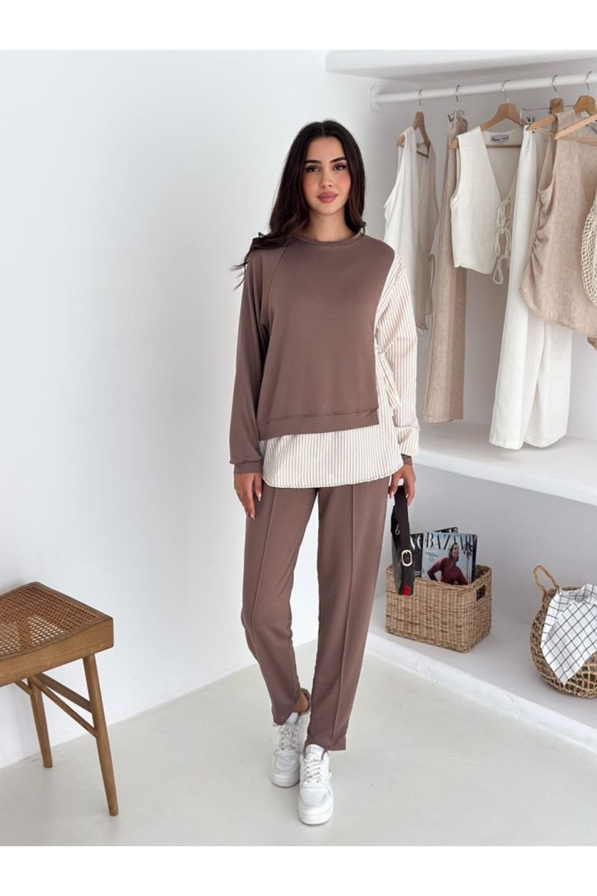 Kadın Gömlek Detay çizgili Yandan Bağlamalı Ikili Takım