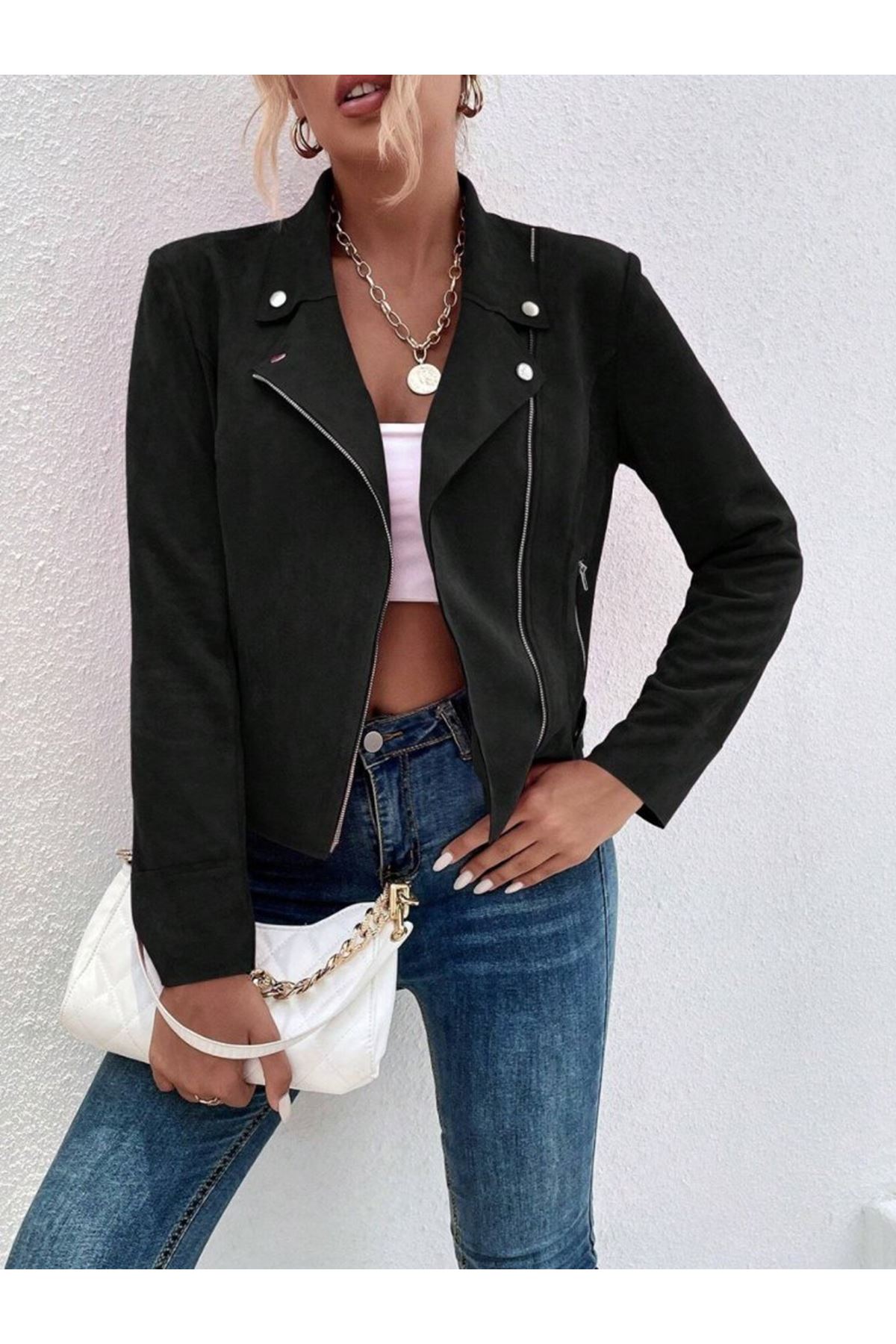 Kadın Uzun Kollu Yakalı önden Fermuarlı Kısa Süet Ceket
