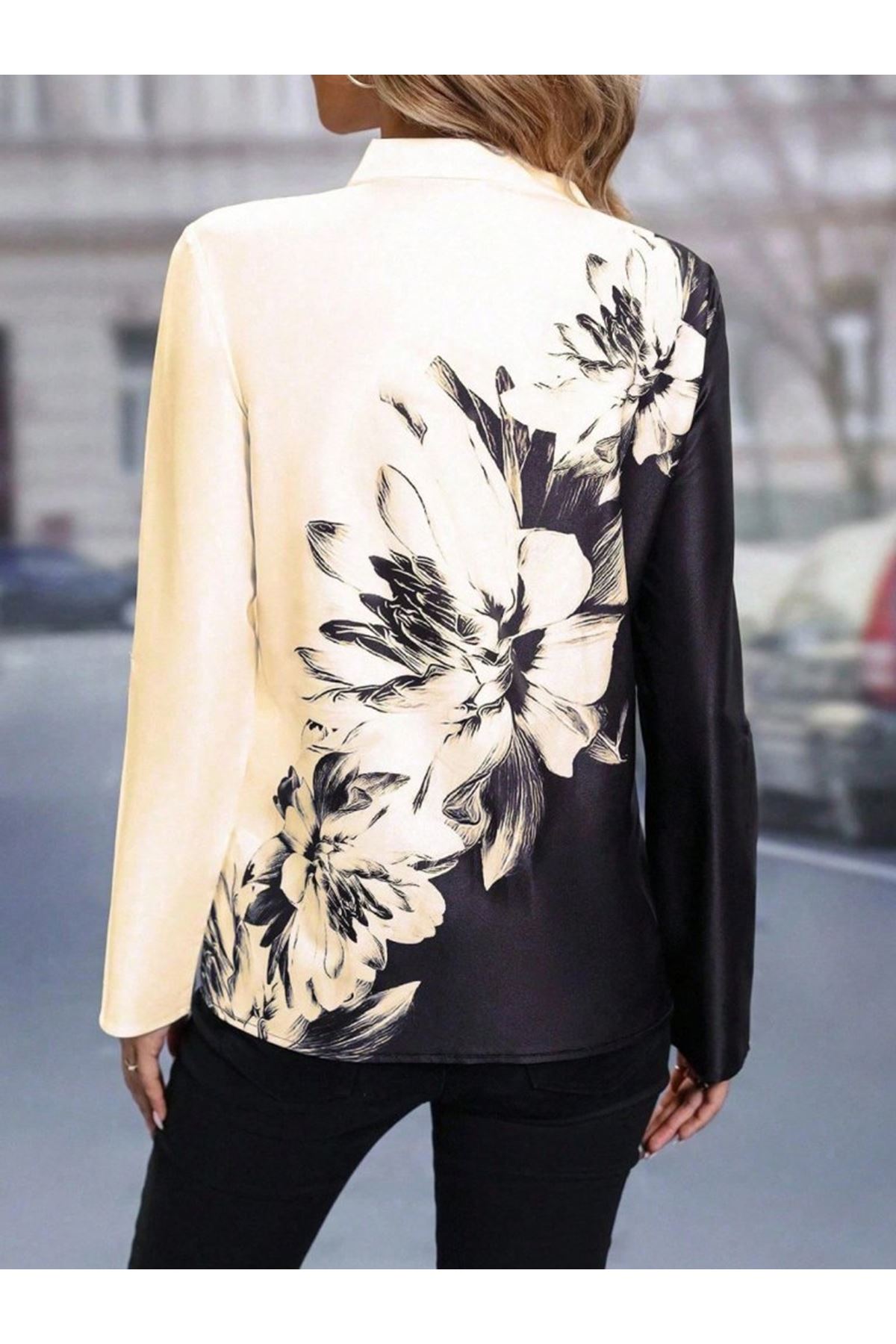 Kadın Uzun Kollu V Yakalı çiçek Desenli Süprem Bluz