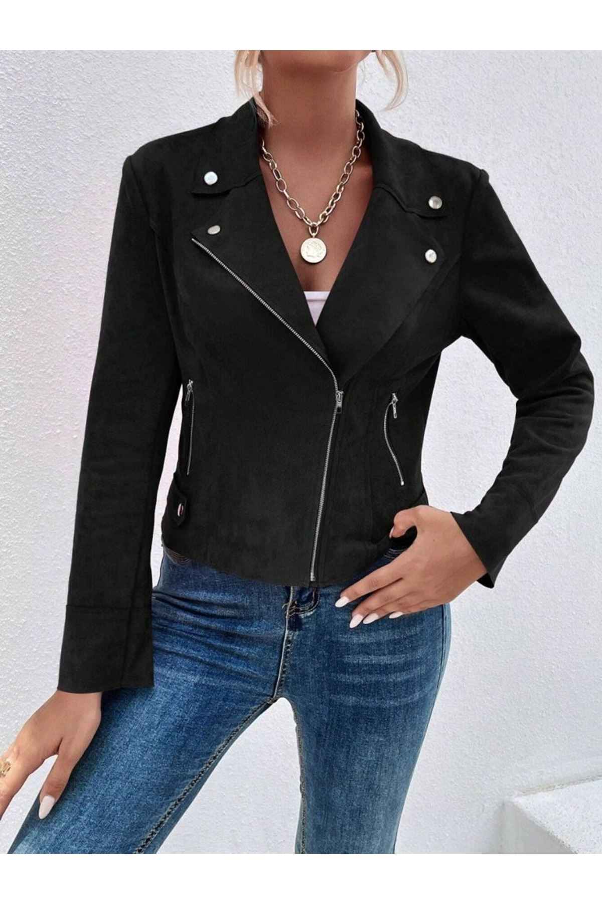 Kadın Uzun Kollu Yakalı önden Fermuarlı Kısa Süet Ceket
