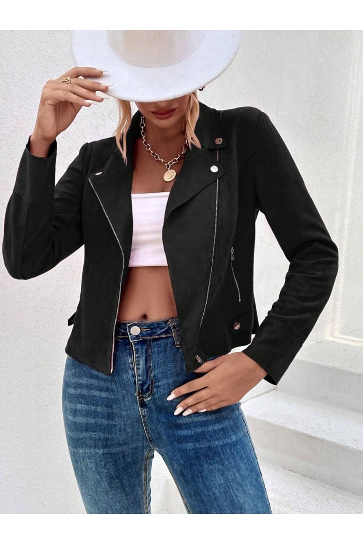 Kadın Uzun Kollu Yakalı önden Fermuarlı Kısa Süet Ceket